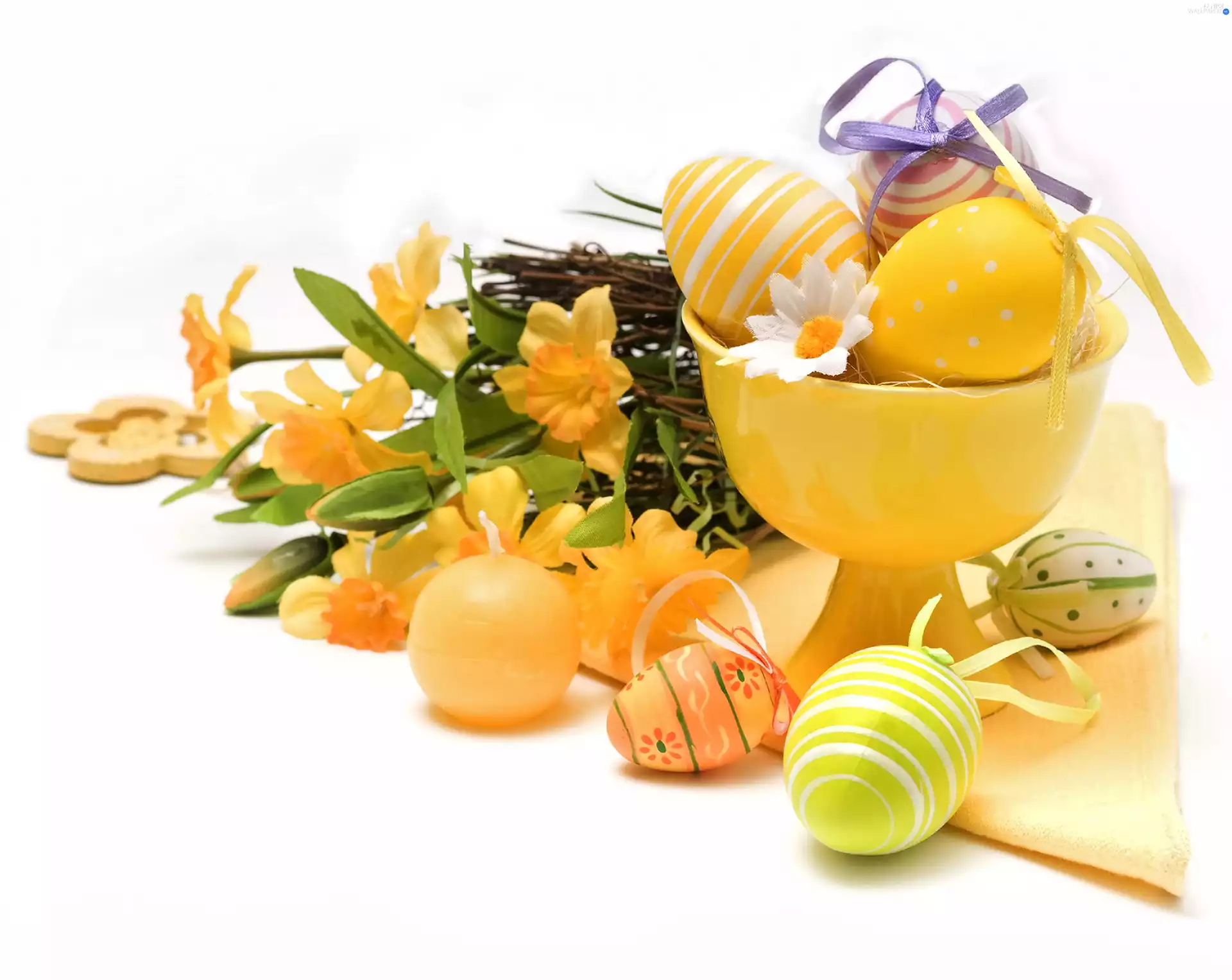 bowl, eggs, decoration, Flowers