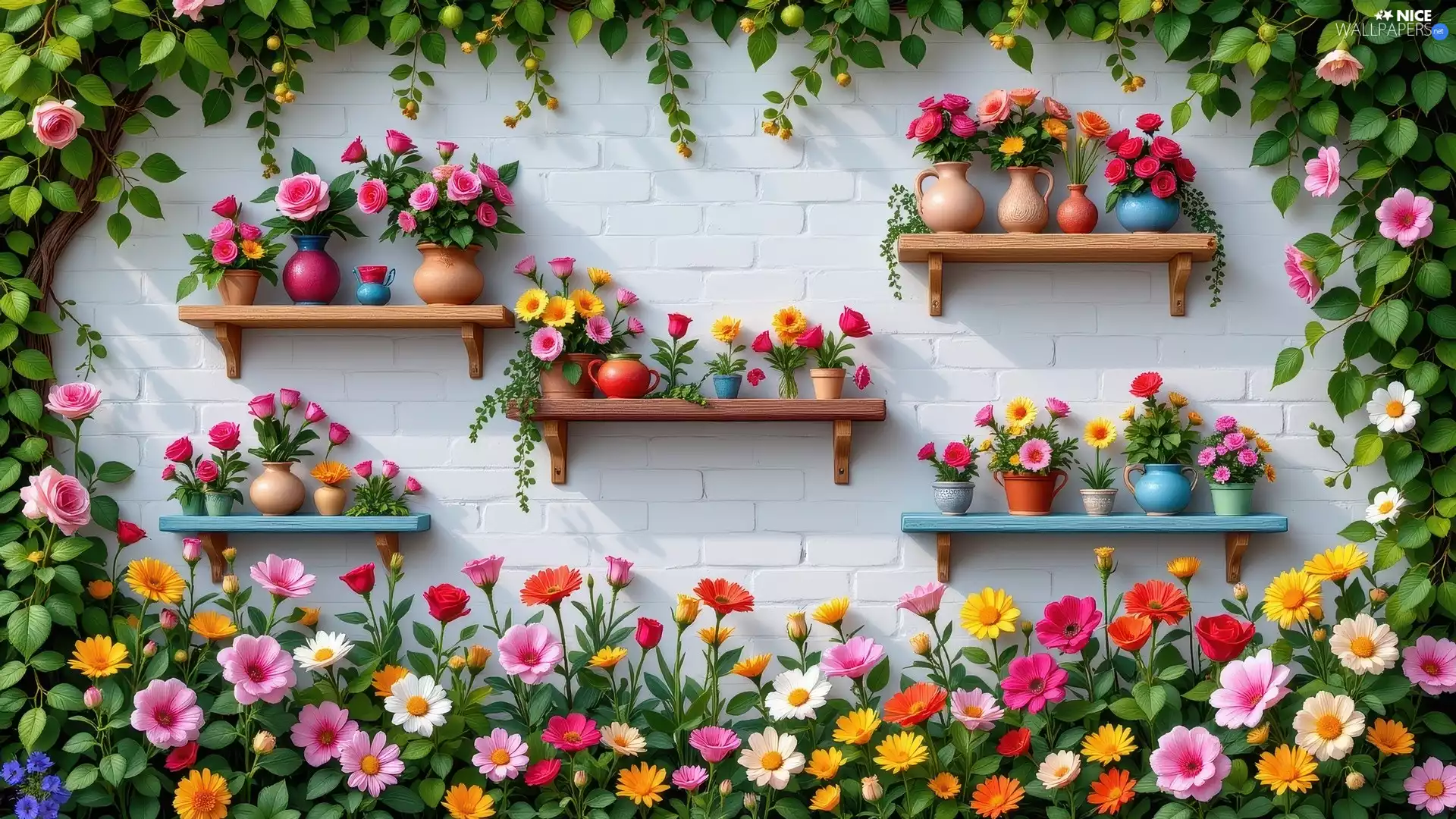Shelves, The brick, Flowers, Pots, color, wall