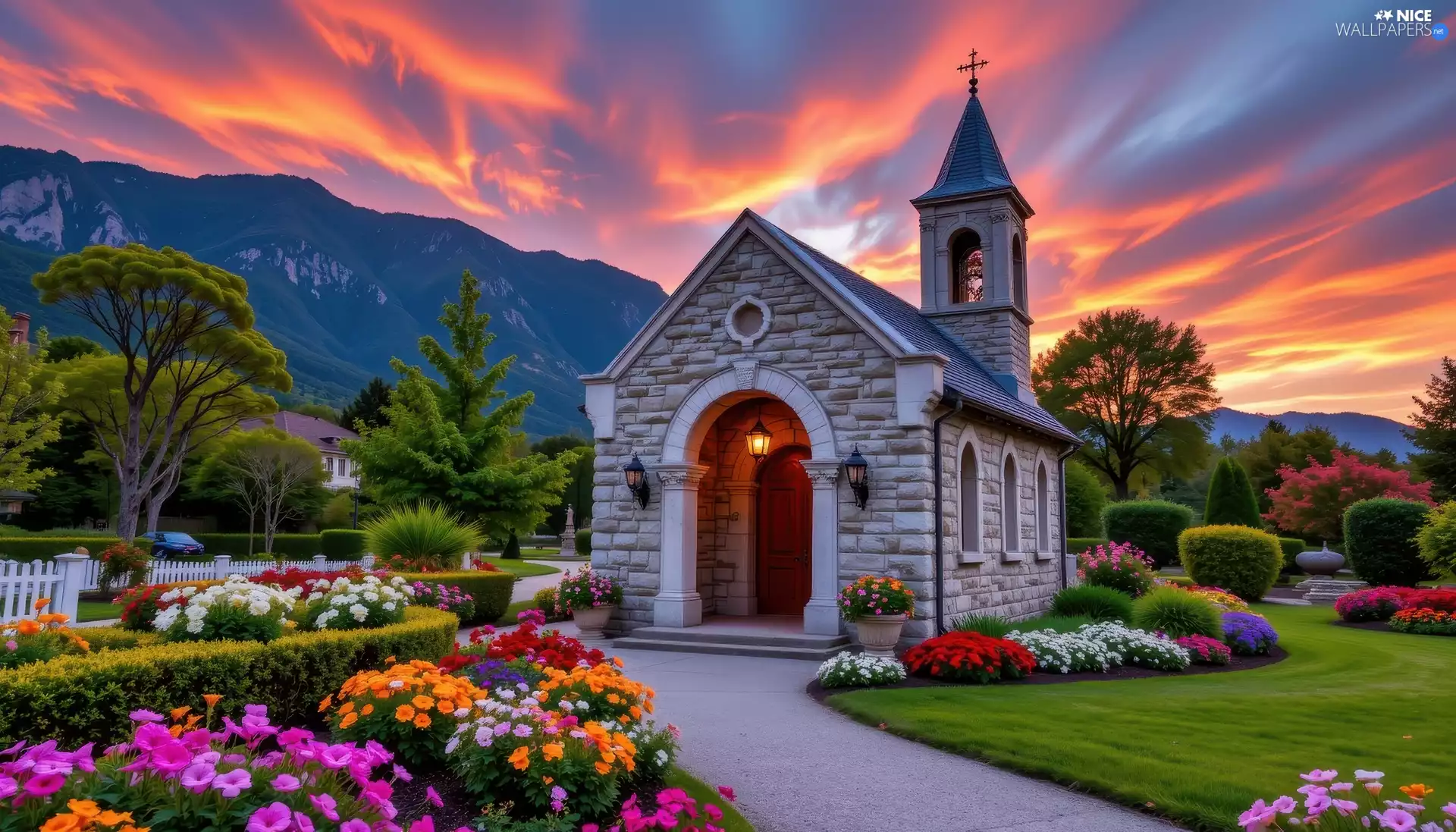 Great Sunsets, Mountains, Flowers, Garden, Church