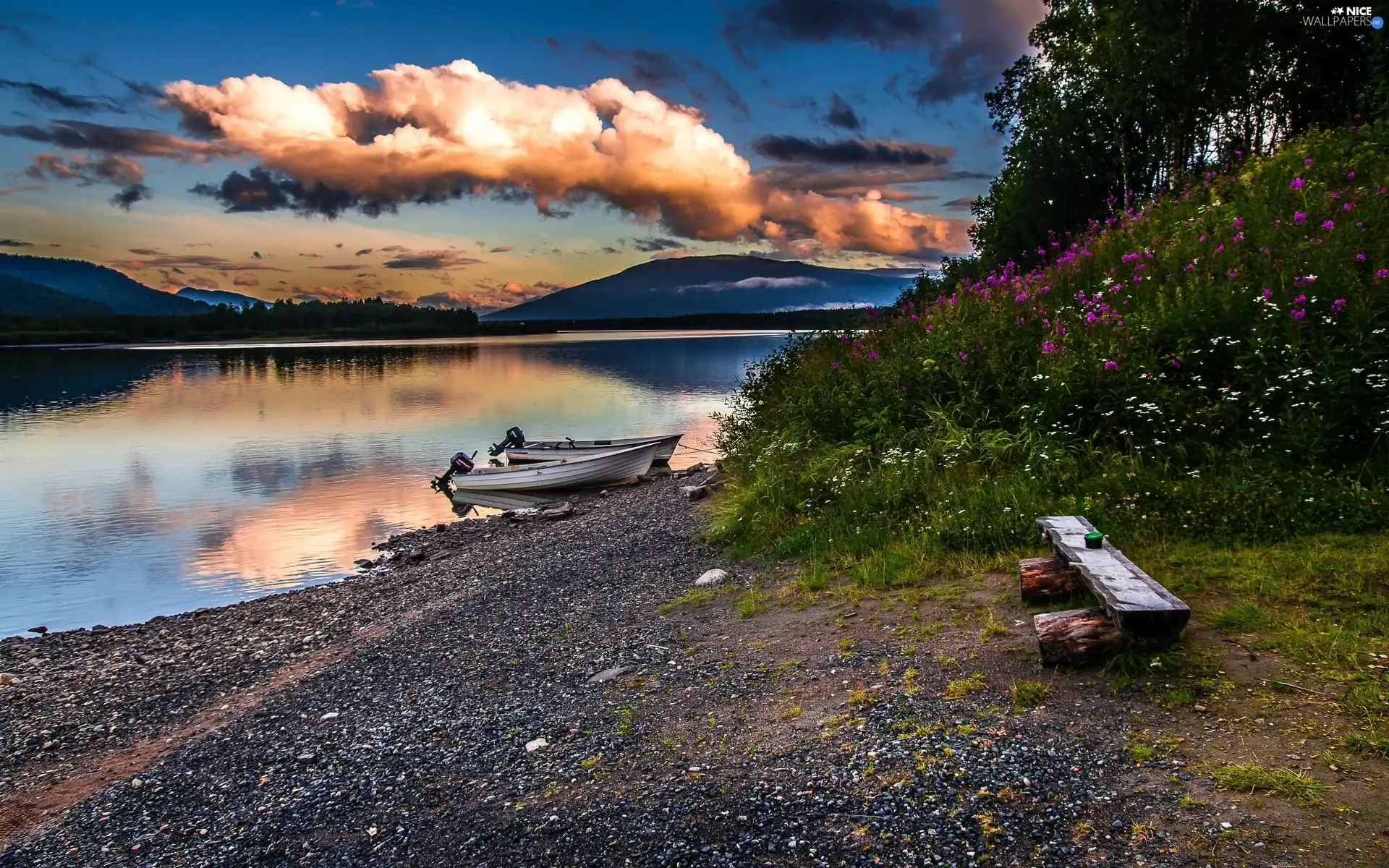 Flowers, clouds, Boats, Mountains, lake