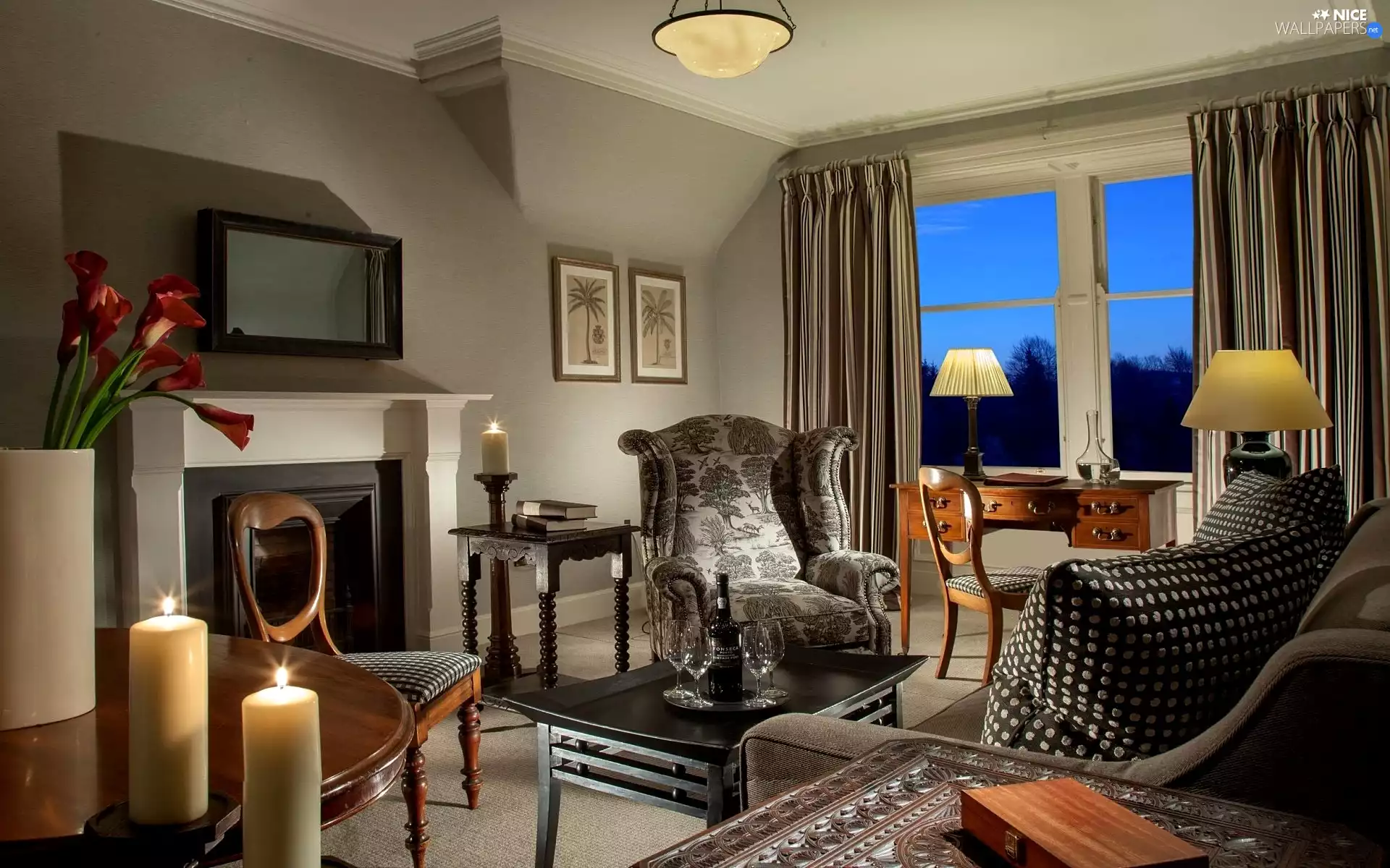 burner chimney, cosy, Flowers, Candles, desk, Room