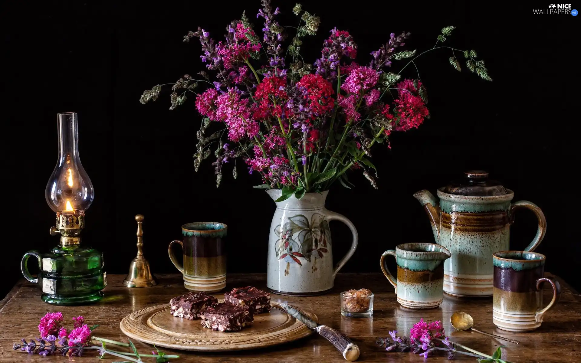 Lamp, composition, cups, cake, jug, Bouquet of Flowers