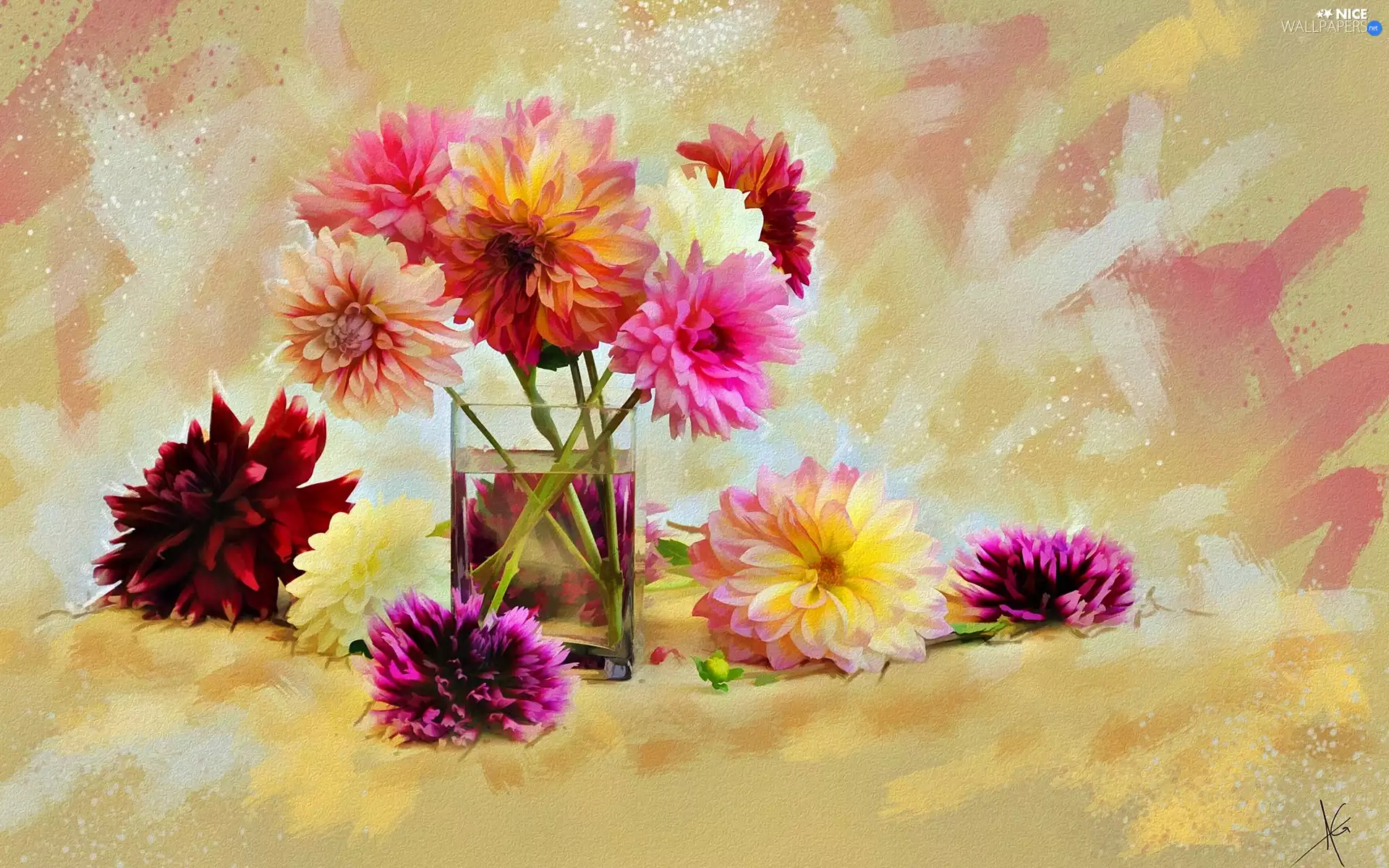 dahlias, picture, watercolor, Flowers