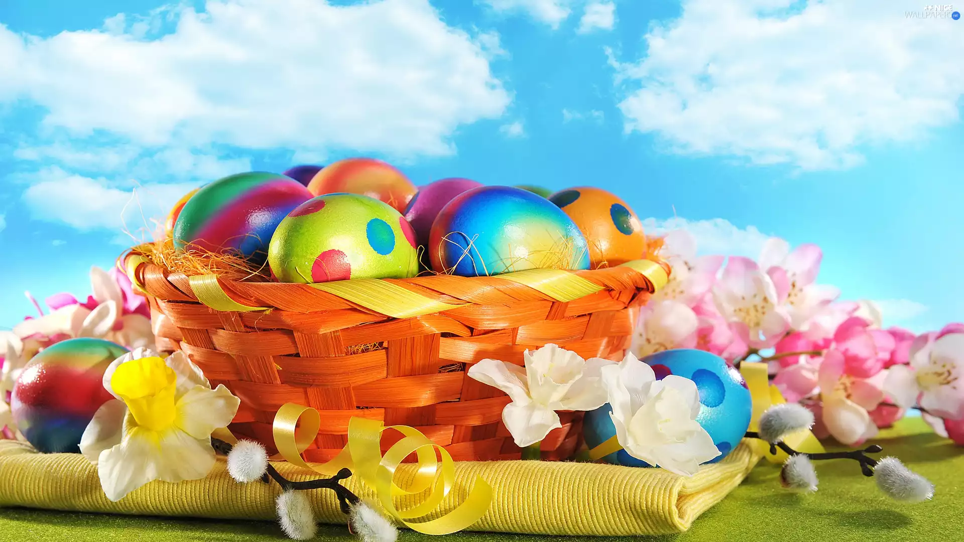 eggs, Flowers, decoration, basket, Easter