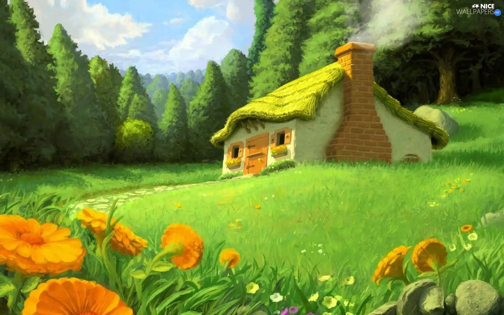 Flowers, graphics, thatch, forest, cottage