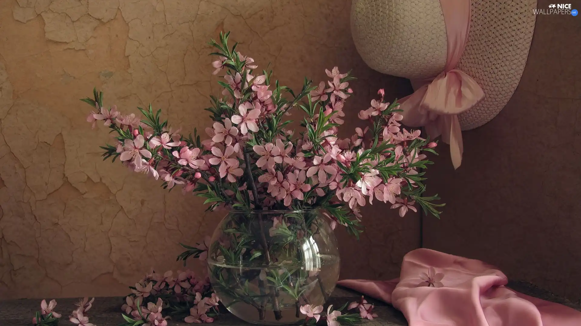 Hat, Pink, flowers, Vase
