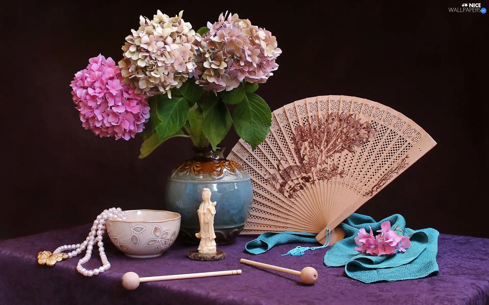 figure, decoration, Flowers, hydrangeas, Necklace, Fan