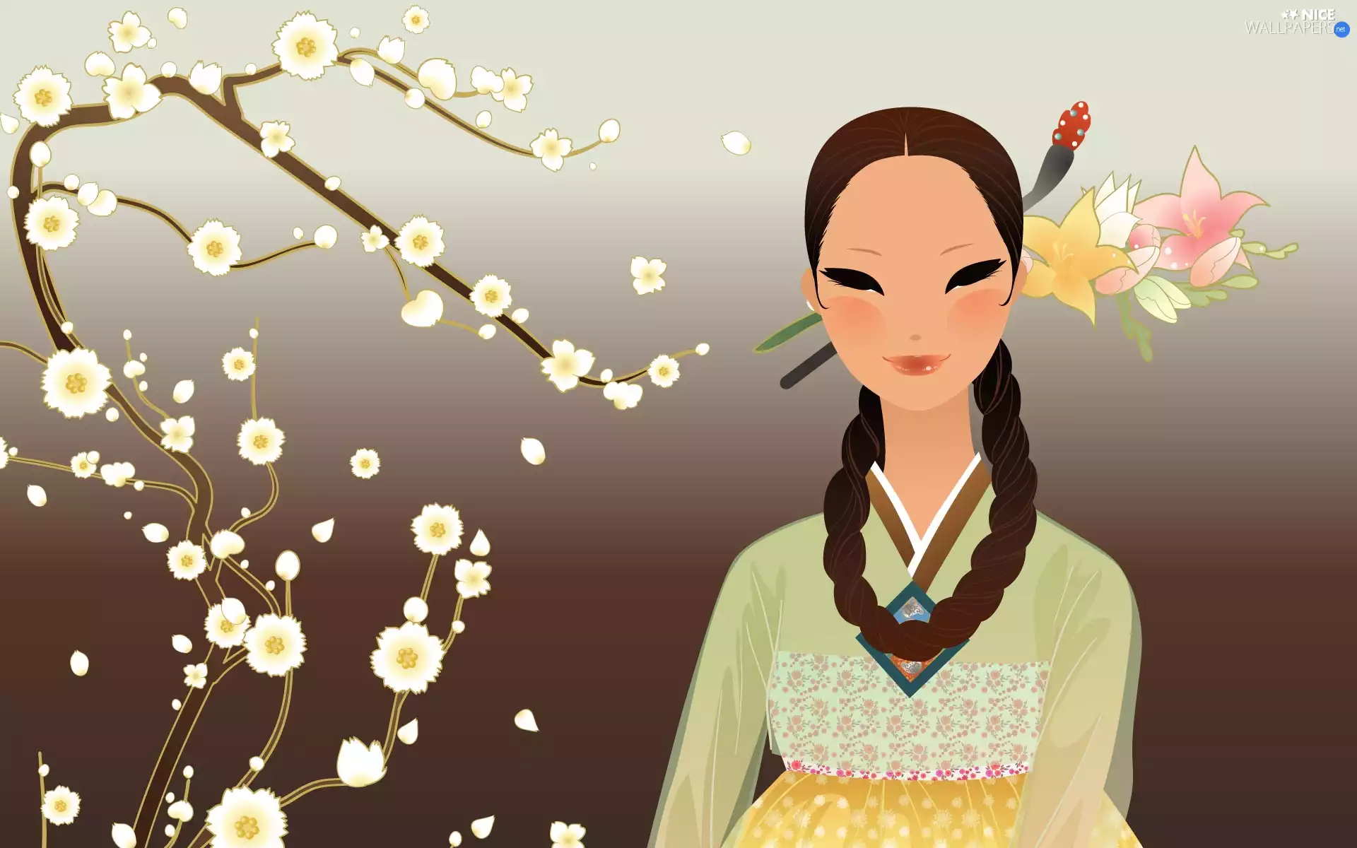 White, Flowers, Japanese, Twigs, Women