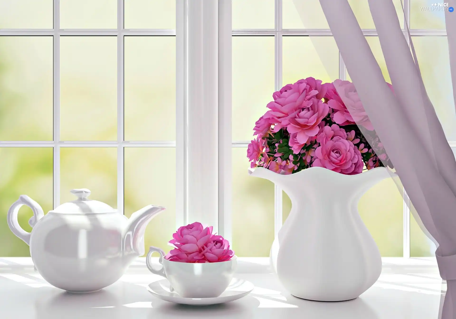 curtain, decoration, Flowers, jug, Vase, Window