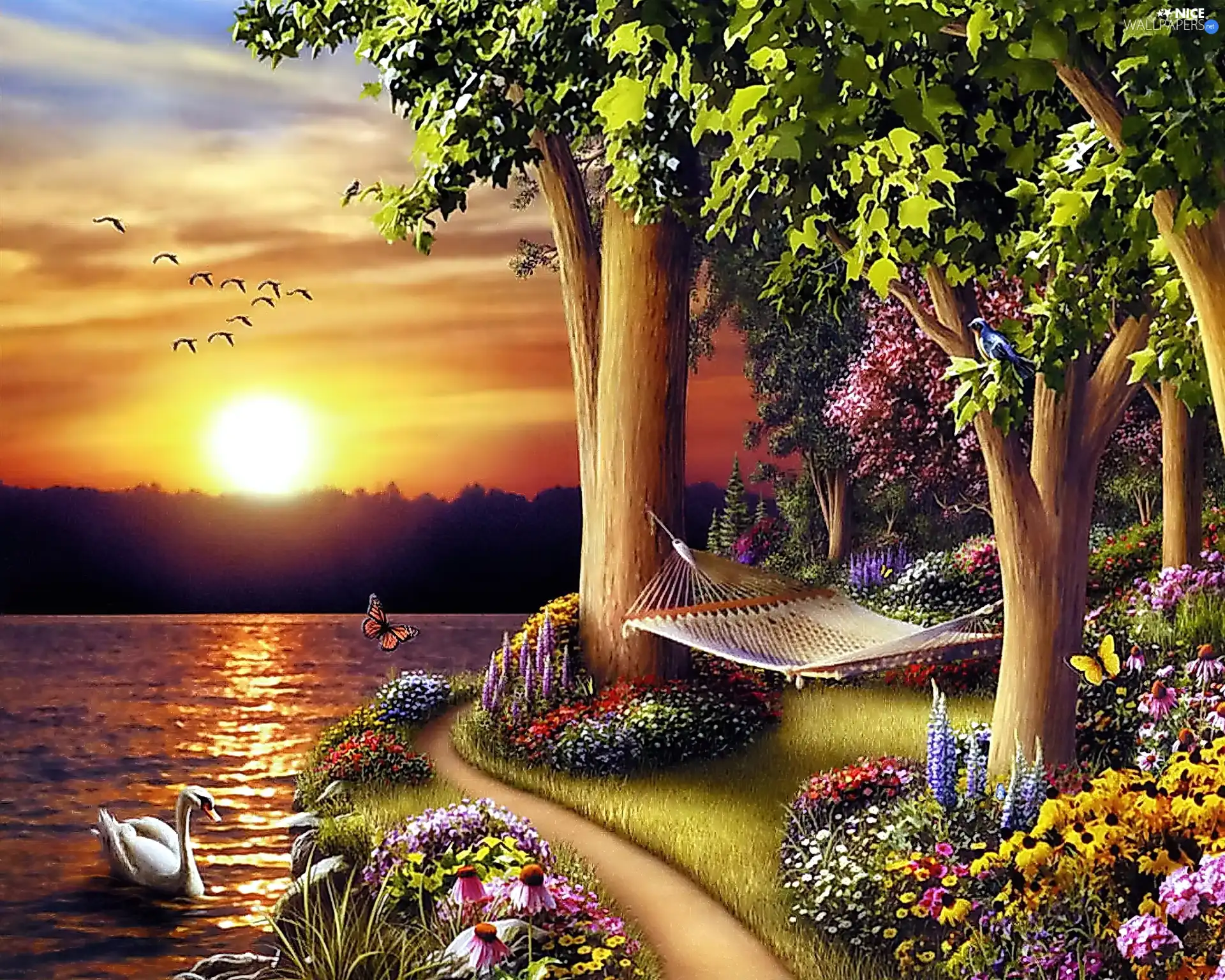 Flowers, lake, viewes, Hammock, trees