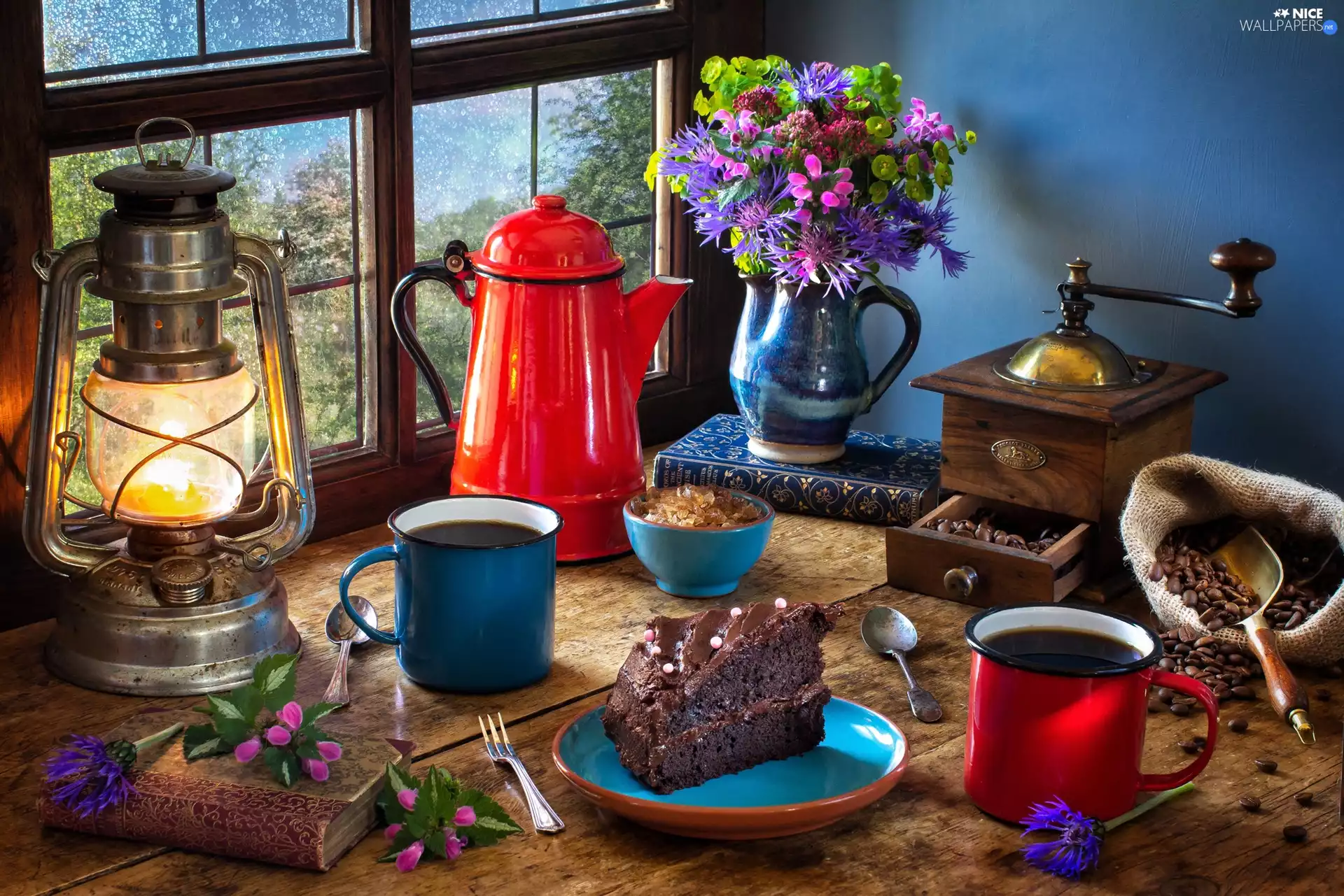 jug, Oil Lamp, Mugs, cake, grains, composition, Window, mill, Flowers, Books, coffee