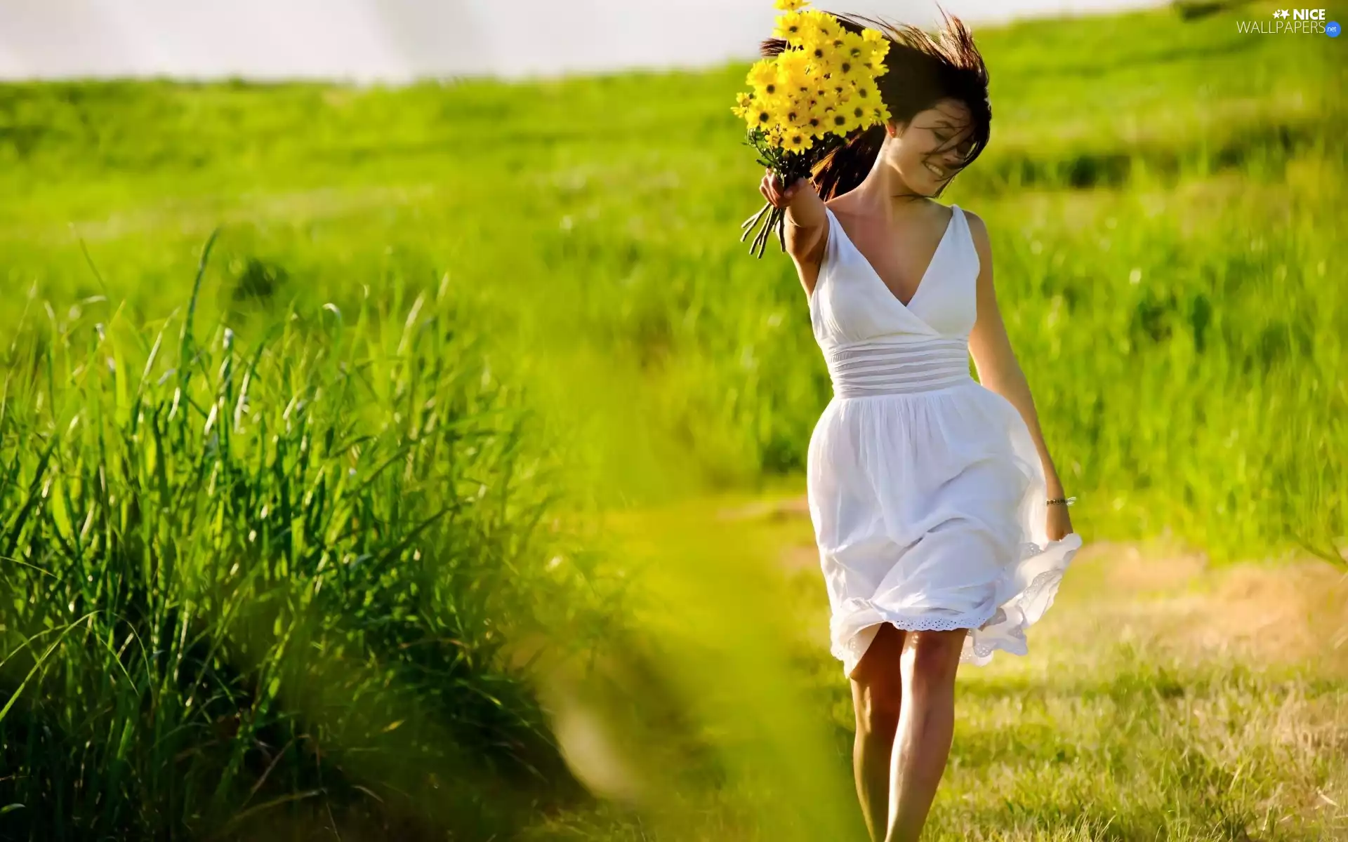 Meadow, Women, dress, Flowers
