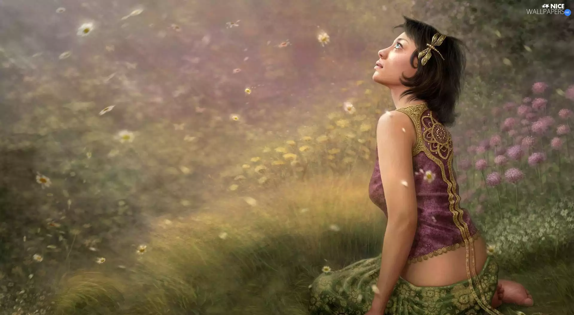 Flowers, Women, Meadow