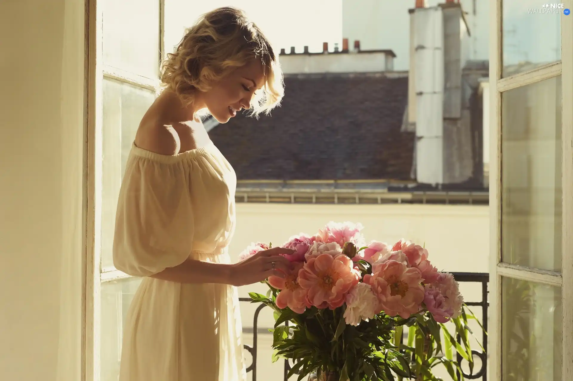 Window, Blonde, the roof, morning, Women, Flowers, chimney