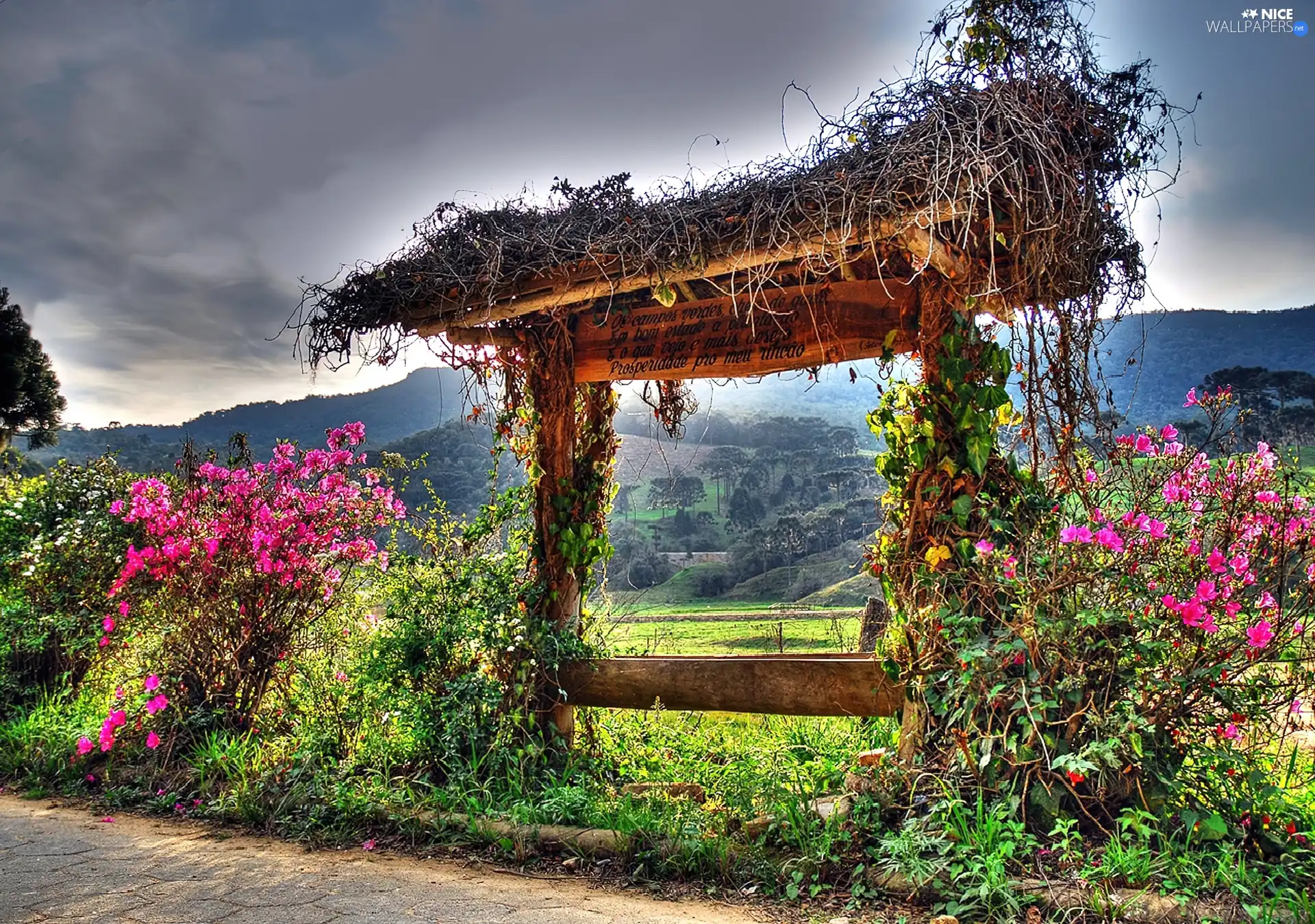 Mountains, Welcome, Flowers, Gate