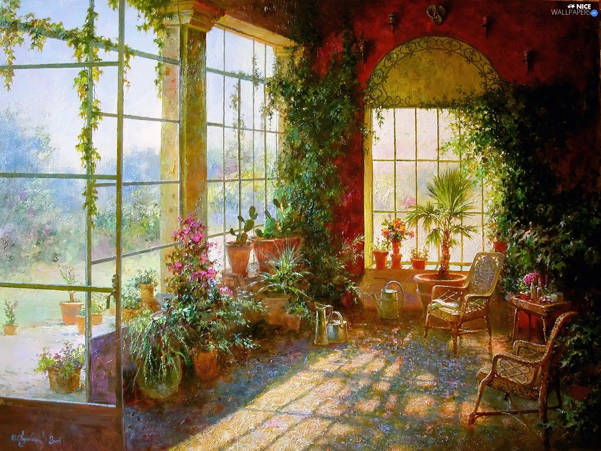 picture, orangery, Flowers, interior