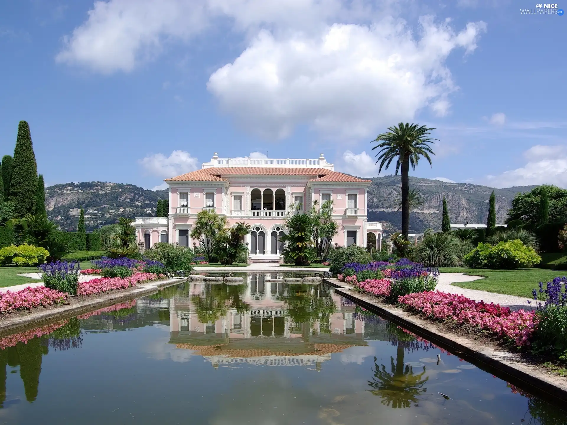 Flowers, villa, pond