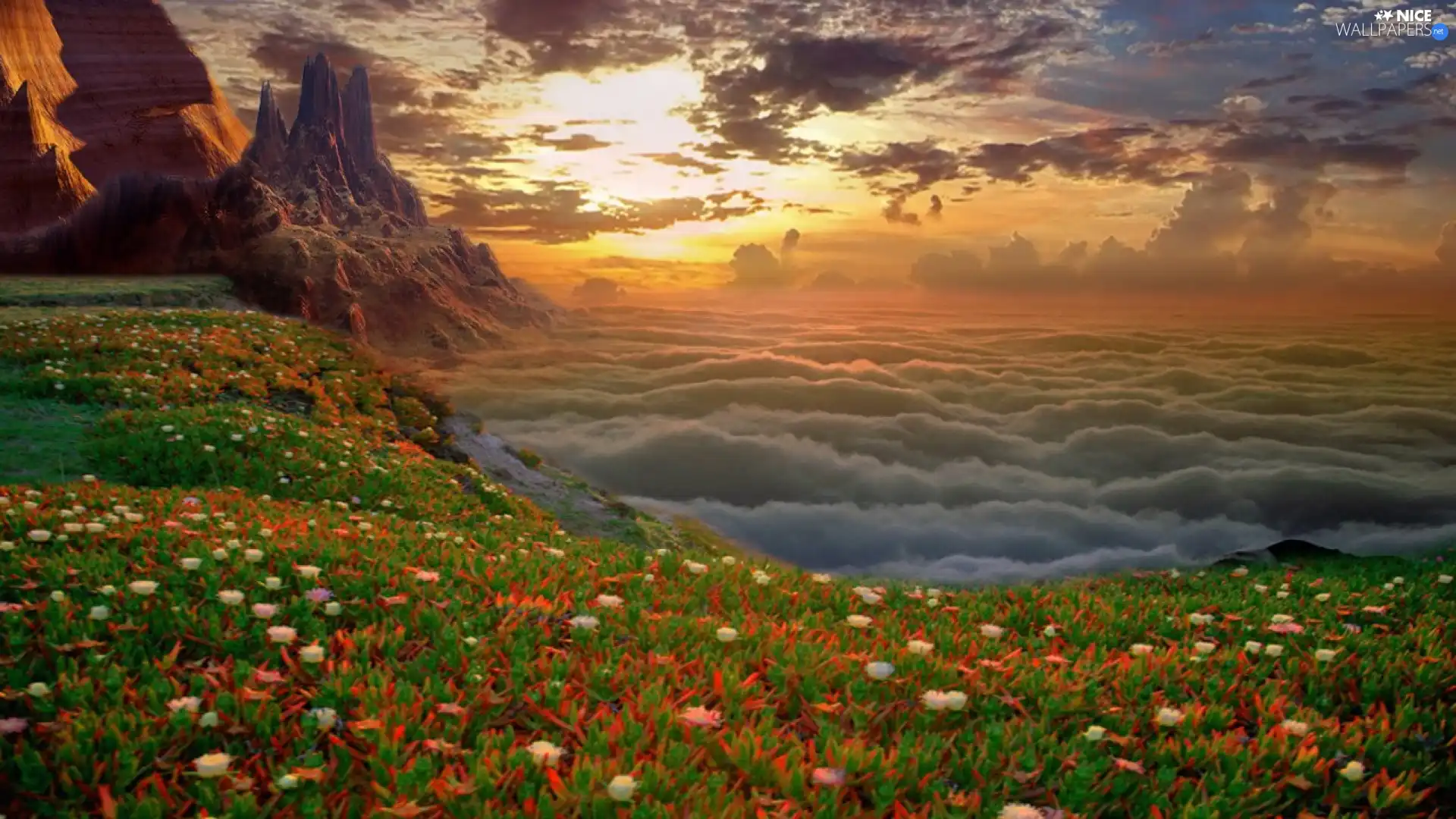 rocks, color, Flowers, clouds