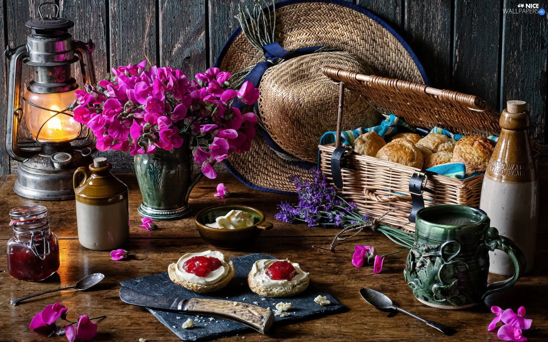 Lamp, composition, Roll, Jam, Hat, Bouquet of Flowers