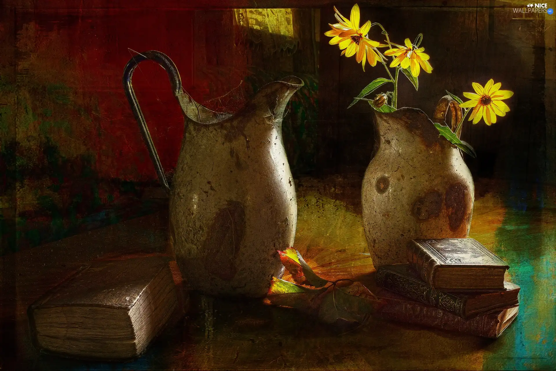 Jugs, composition, Flowers, Rudbeckia, Books, old