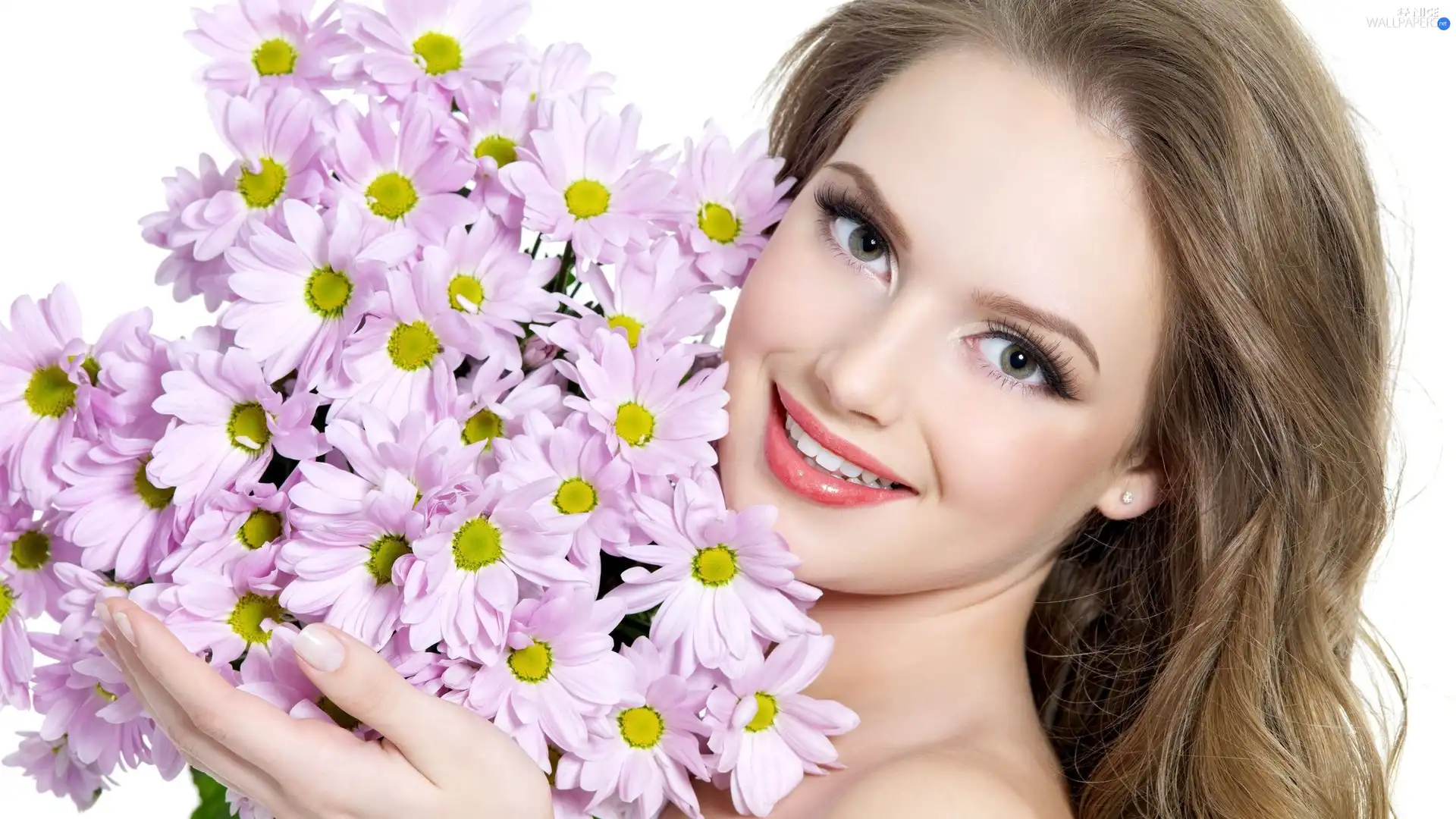 smiling, bouquet, flowers, Women