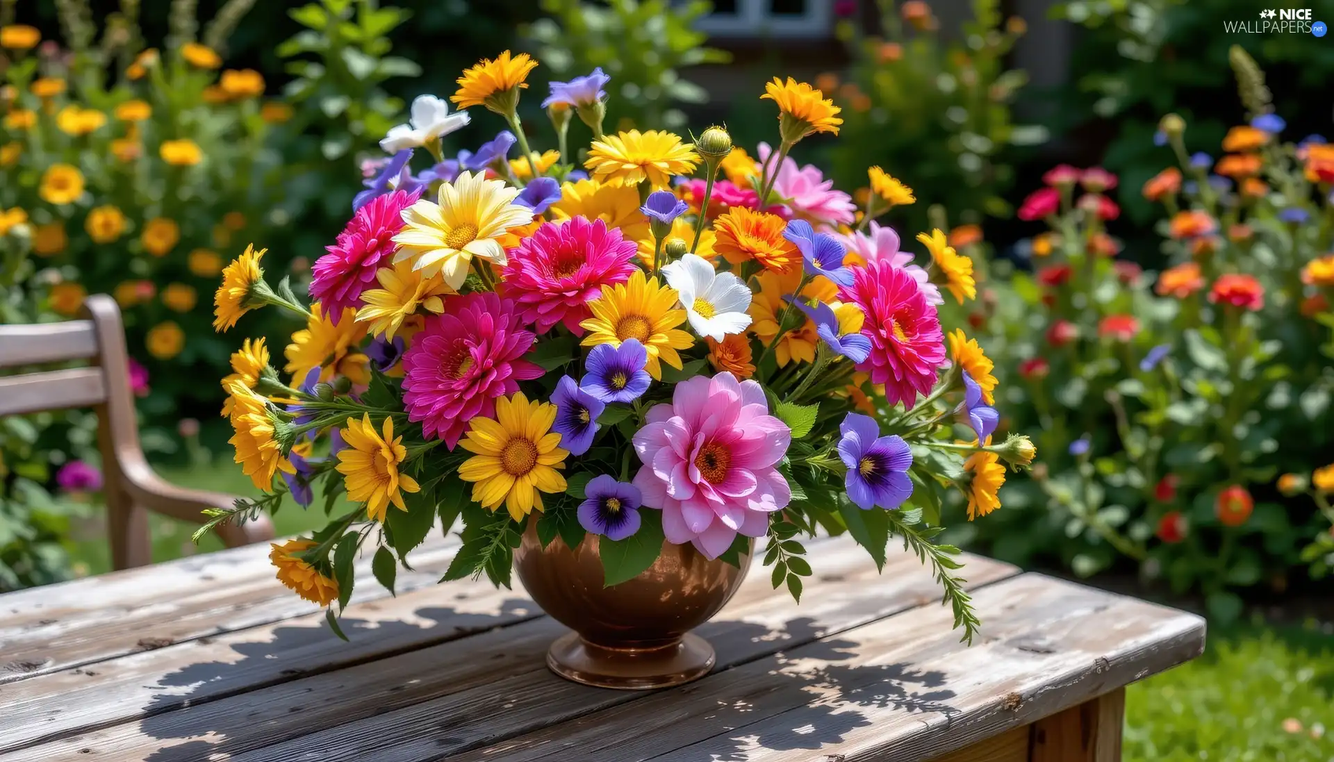 vase, bouquet, Table, Flowers, color, wooden, Garden