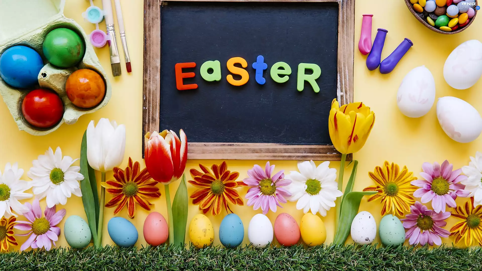 grass, eggs, text, Flowers, Easter, table, Easter