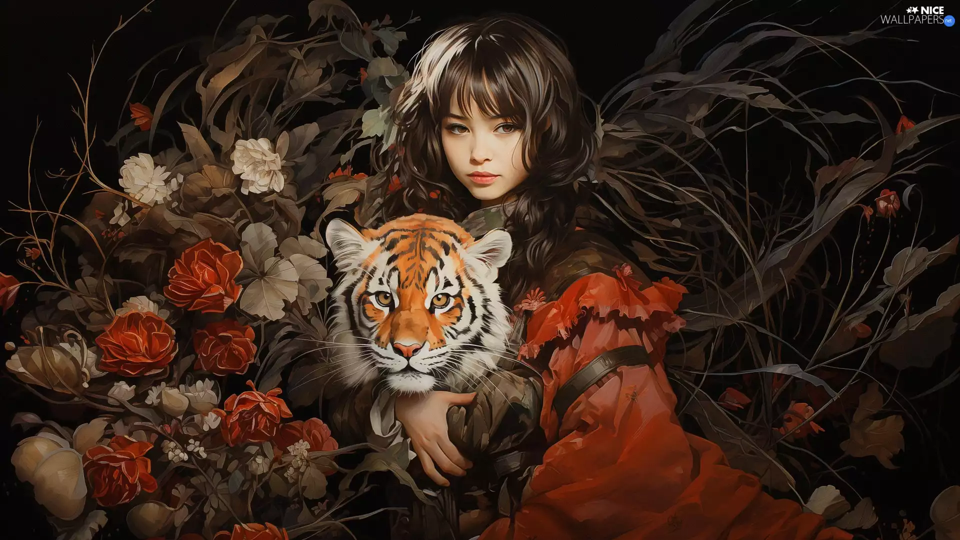 Flowers, girl, tiger