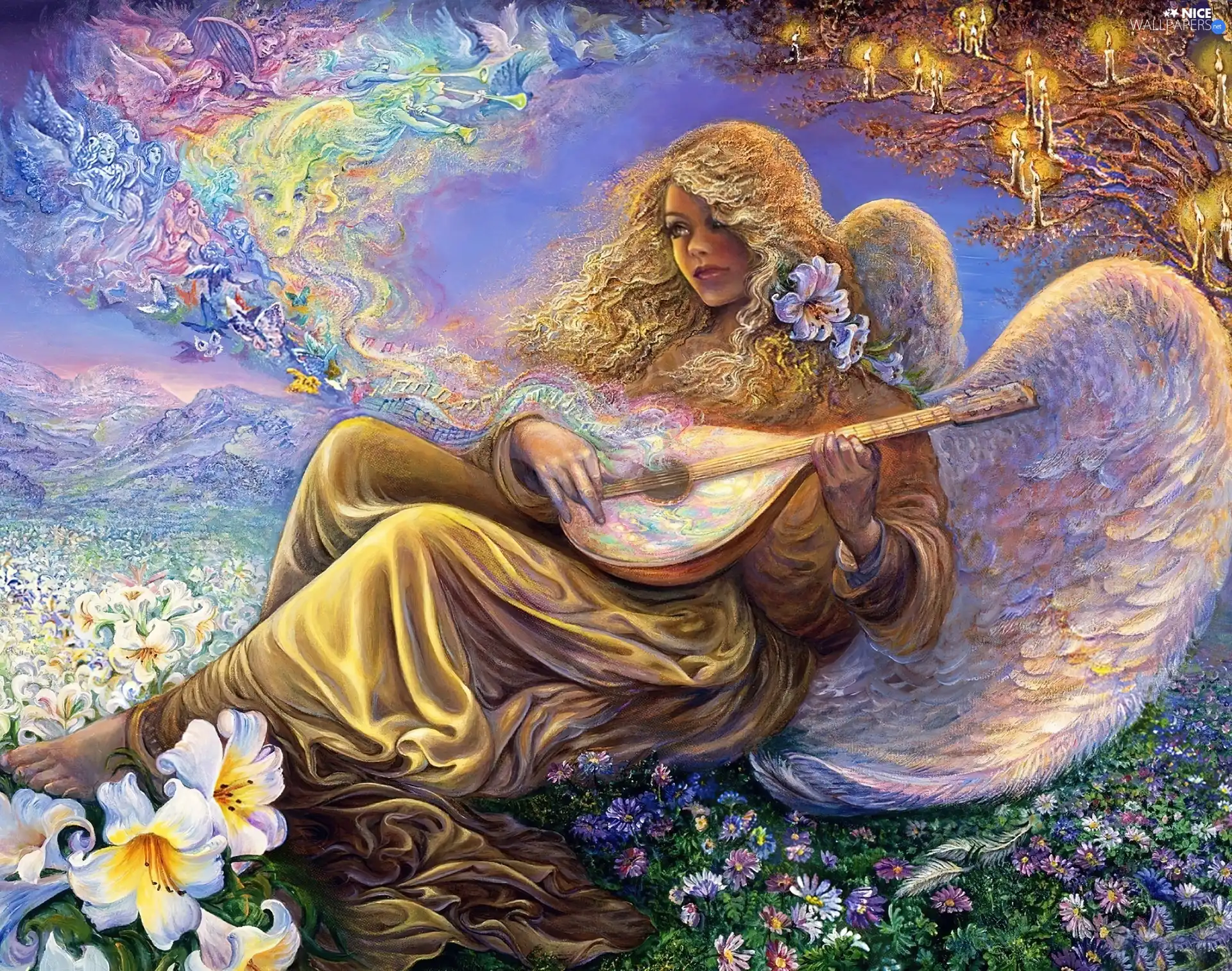 Flowers, Josephine Wall, angel, instrument, Women