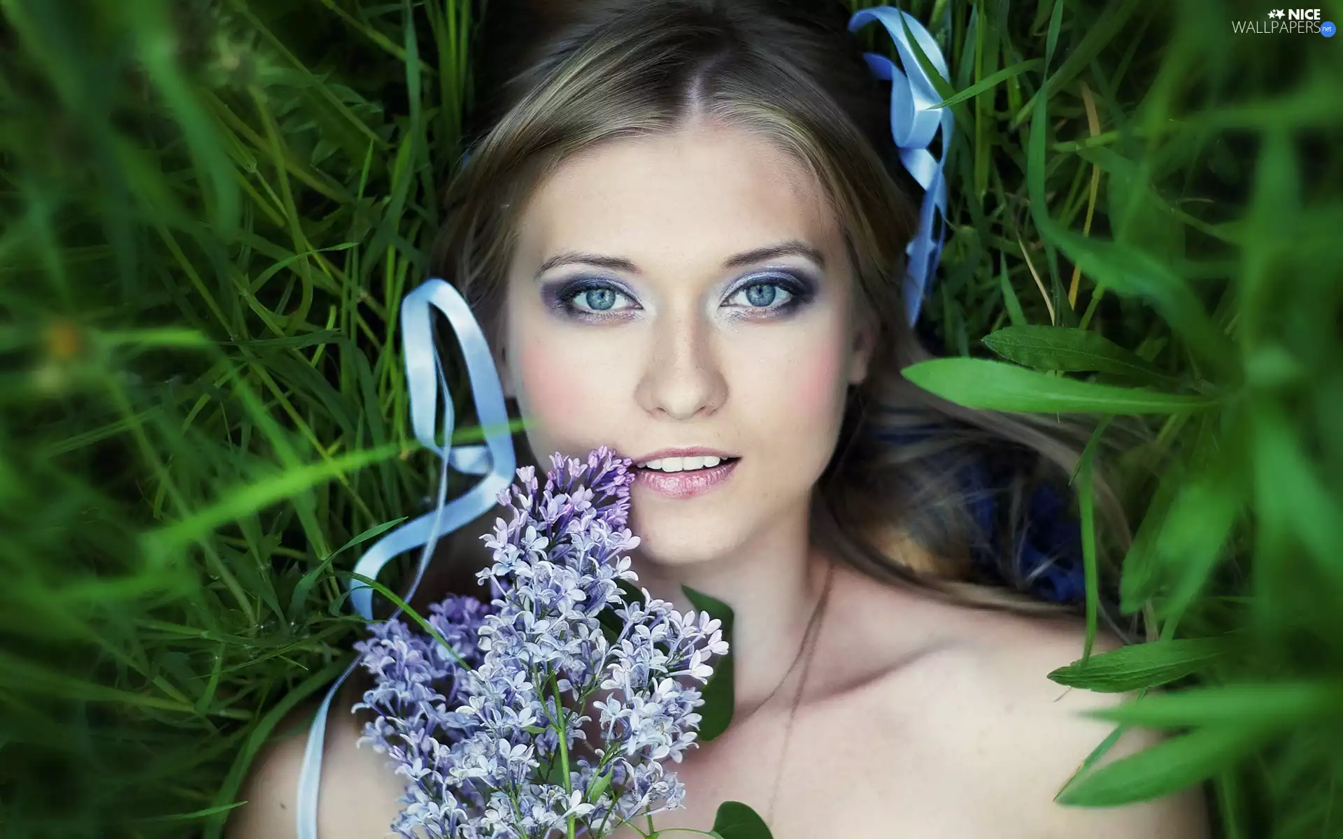 Women, ribbon, grass, Flowers