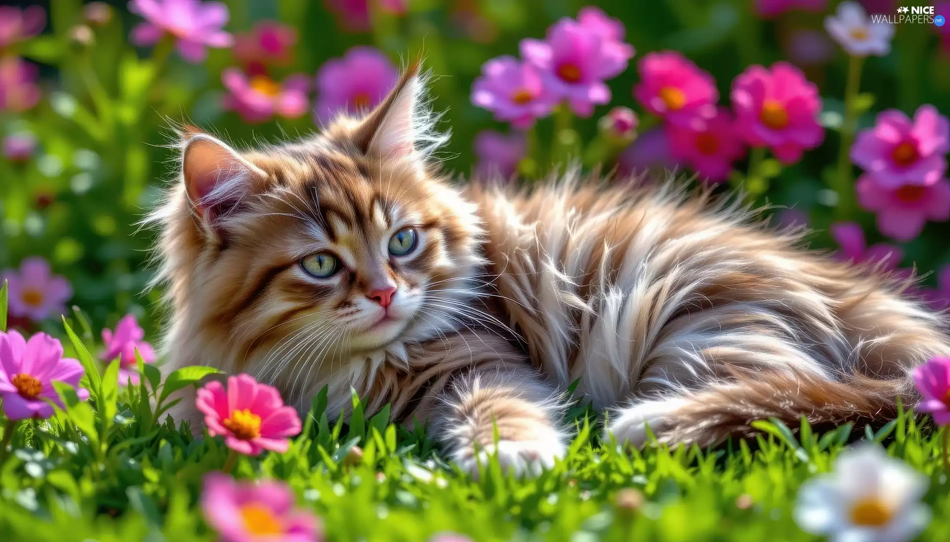 cat, Flowers, grass, fluffy