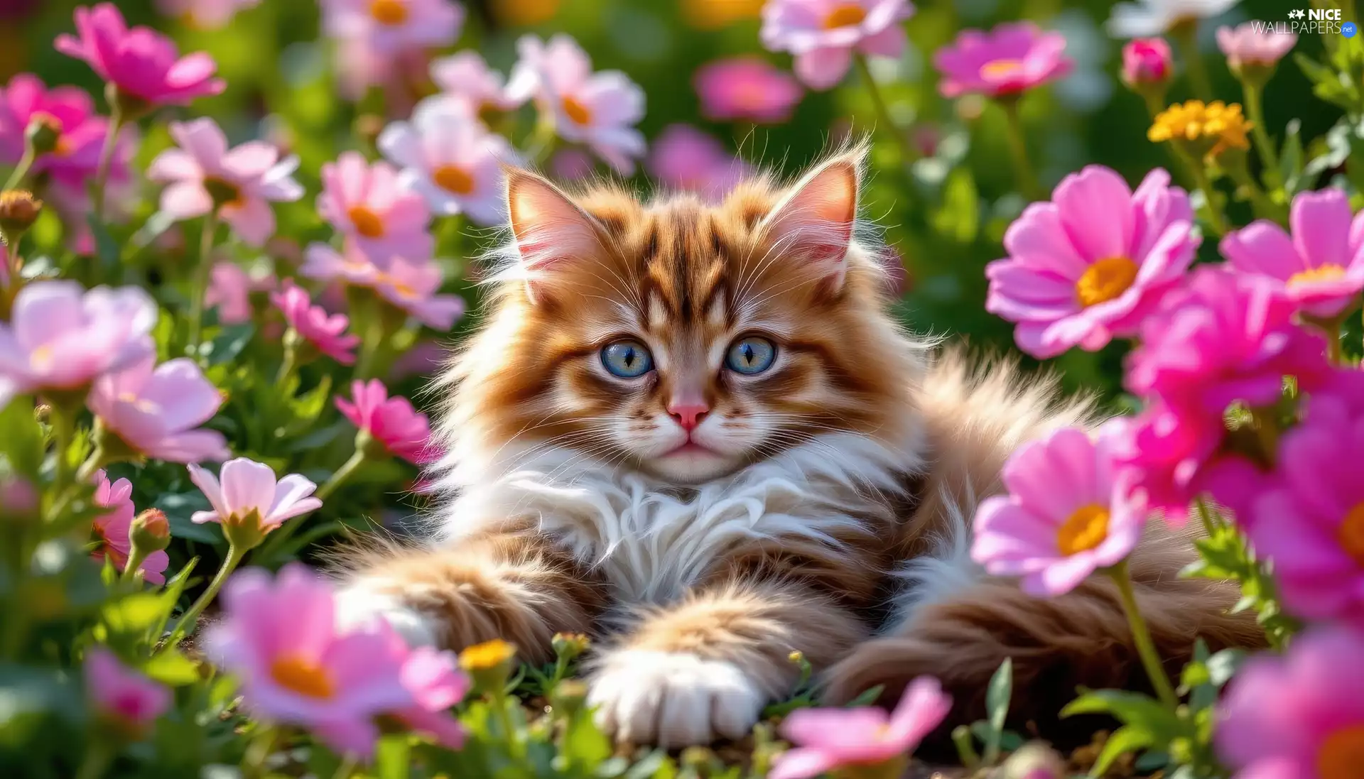 cat, Flowers, Pink, fluffy