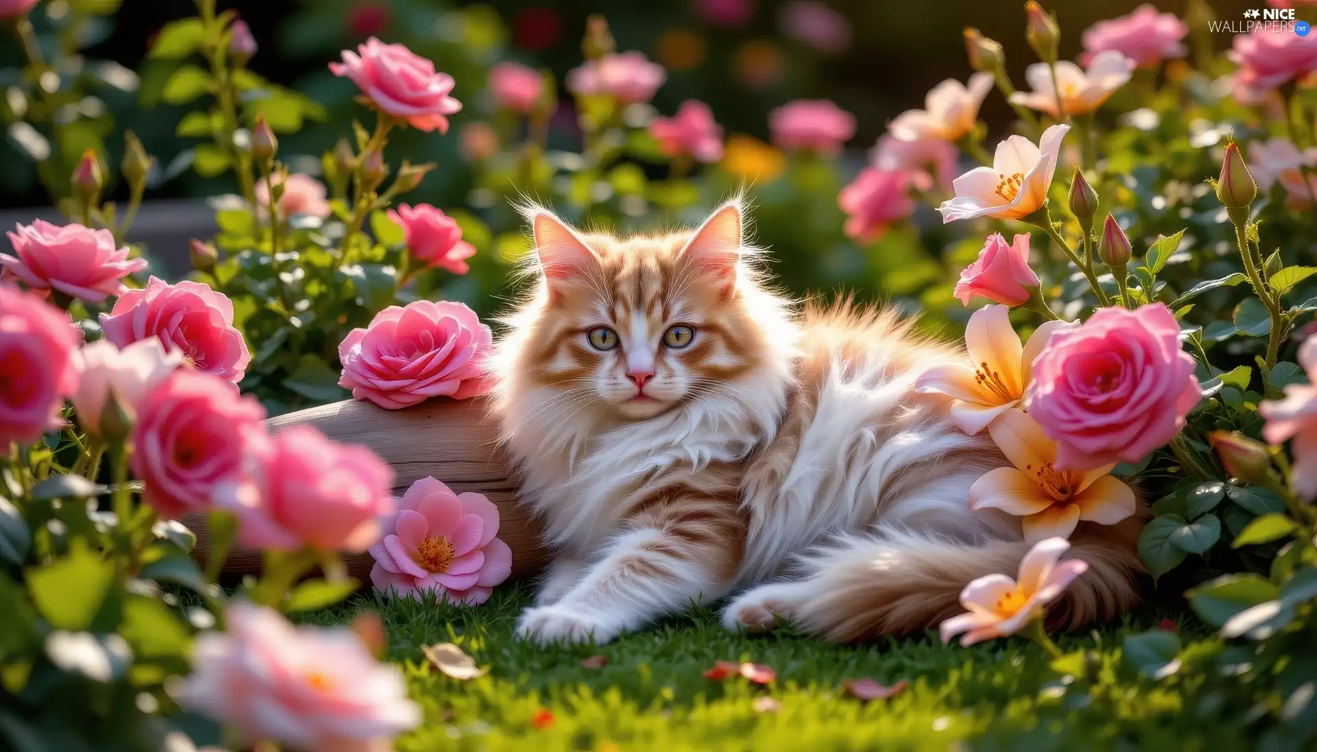 fluffy, cat, lilies, grass, roses, Red-white, lying, Flowers