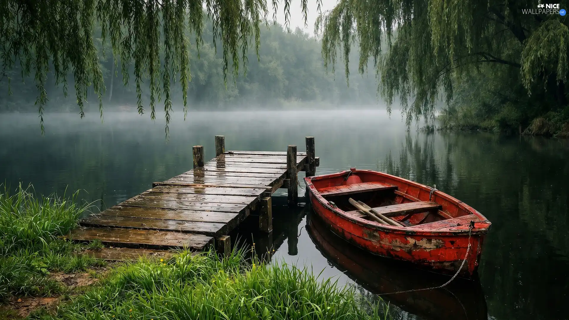 trees, Boat, branch pics, Platform, River, viewes, Fog