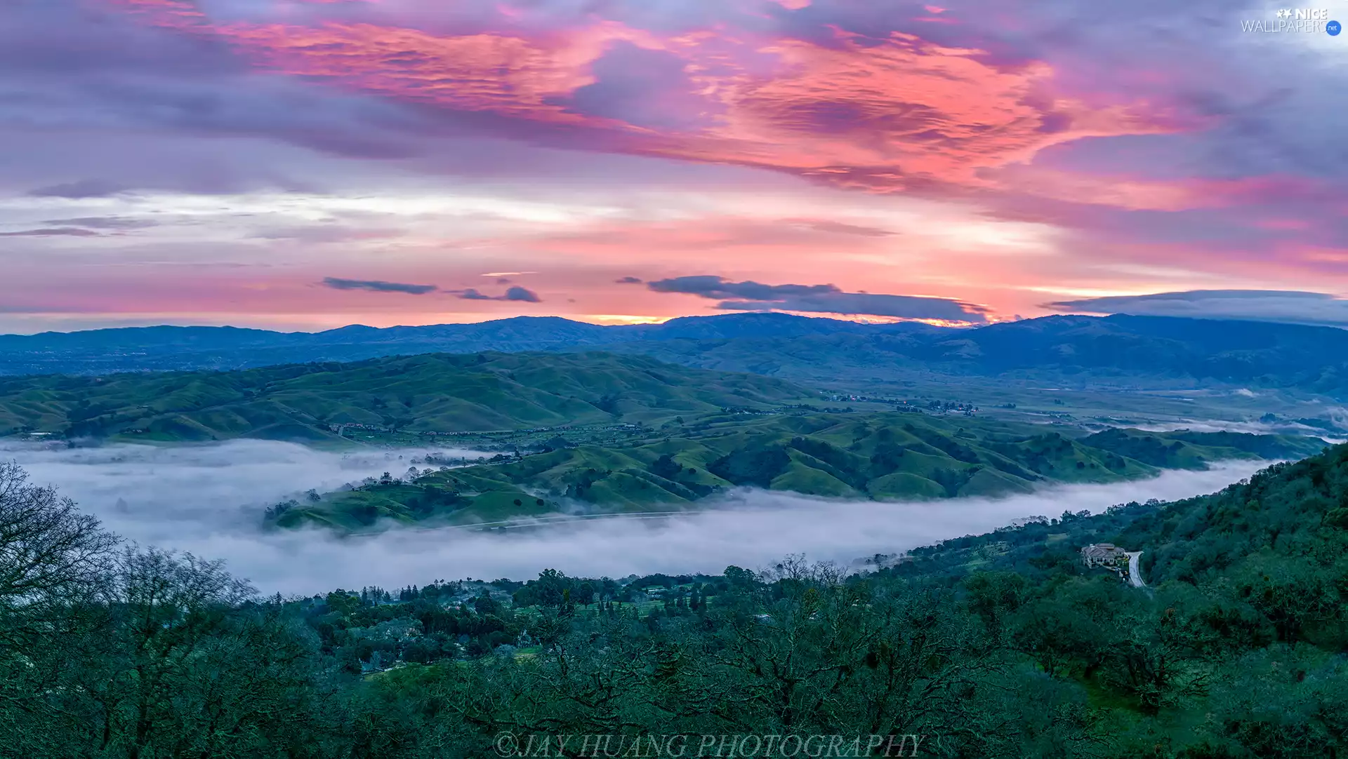 Fog, trees, Sunrise, viewes, clouds, The Hills, Mountains, Houses