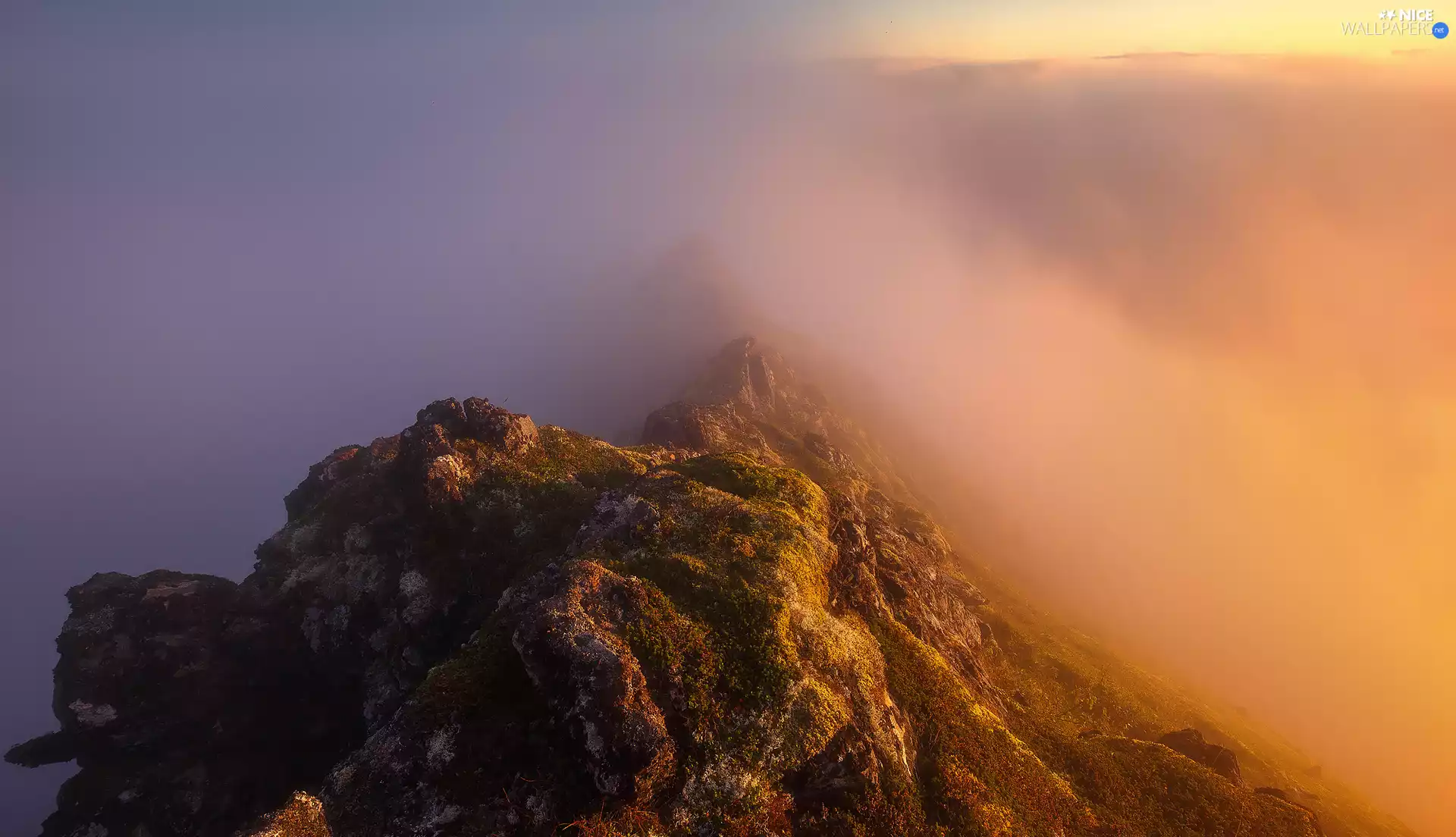 Fog, light breaking through sky, Senja Island, Mountains, Norway