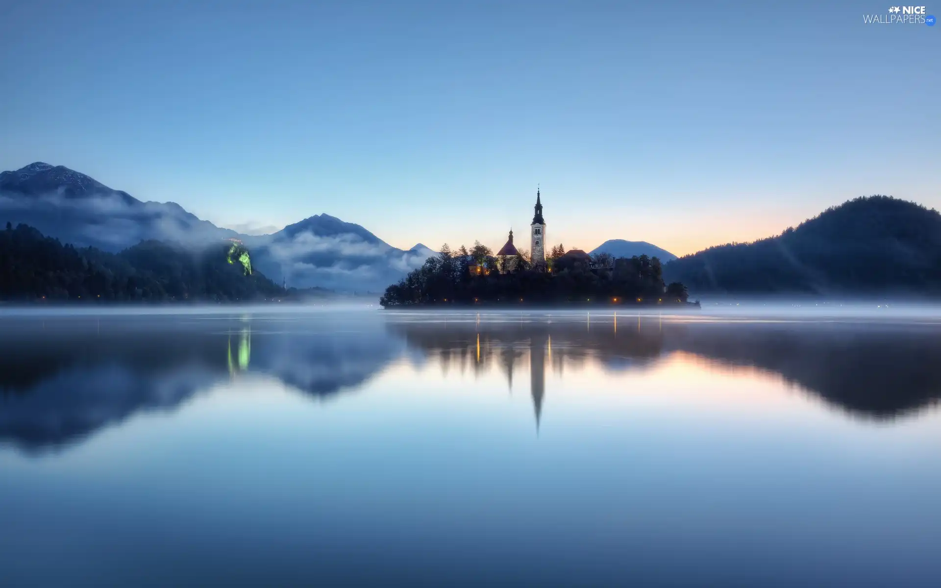 Castle, Slovenia, Fog, Mountains, lake, Bled