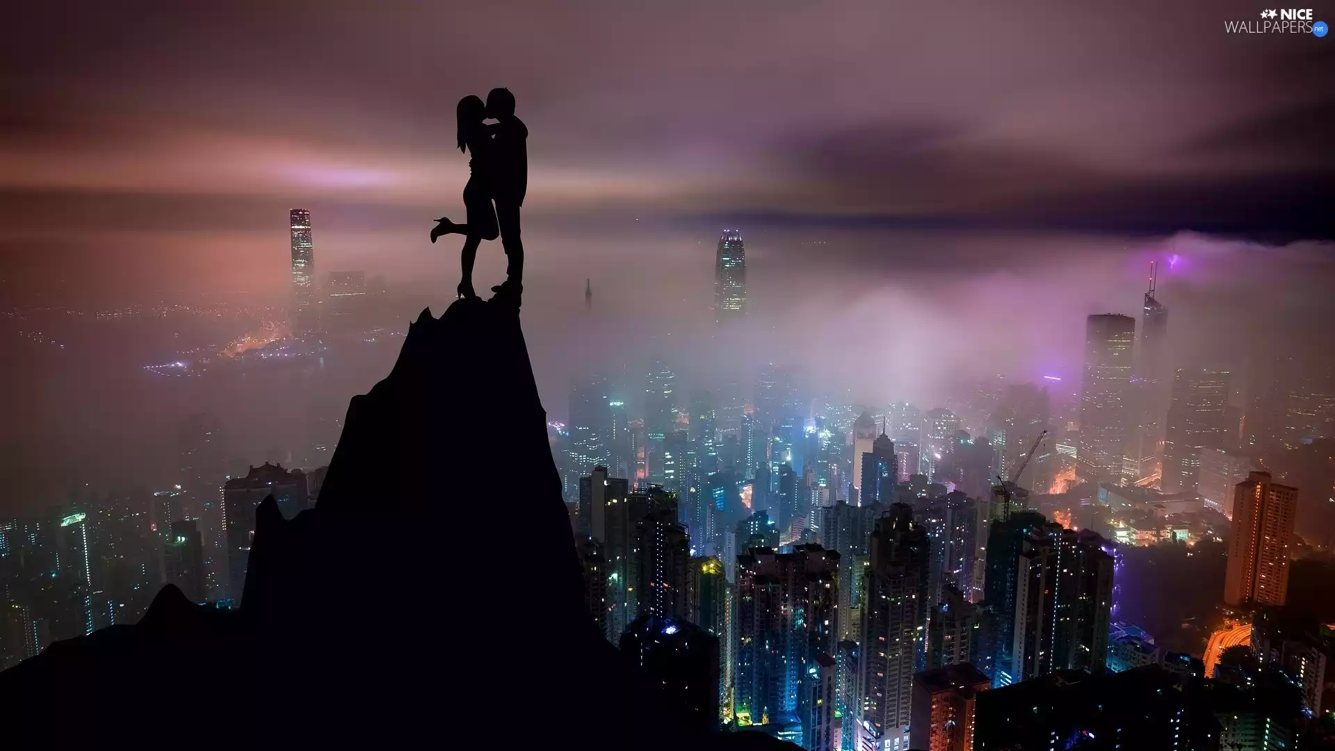 lovers, Night, mountains, Fog, Town, mount, graphics