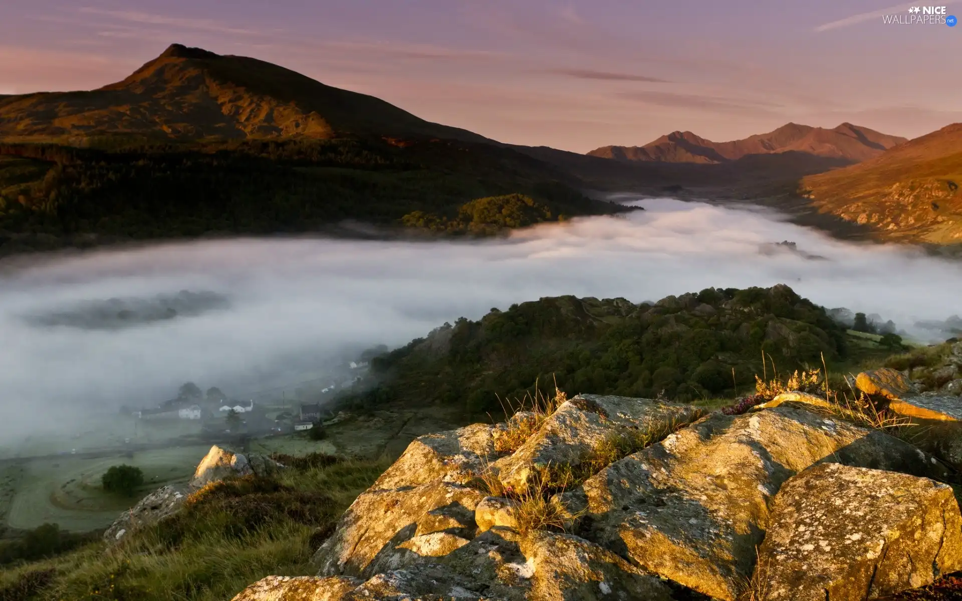 Mountains, rocks, Fog, woods