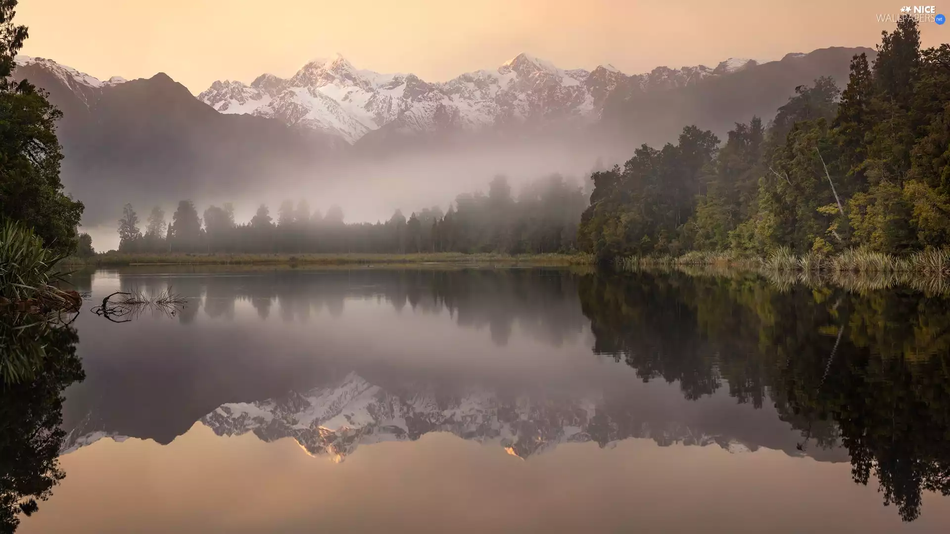 Matheson Lake, Mountains, viewes, New Zeland, Fog, Mount Cook National Park, trees, Sunrise, Mount Cook, reflection
