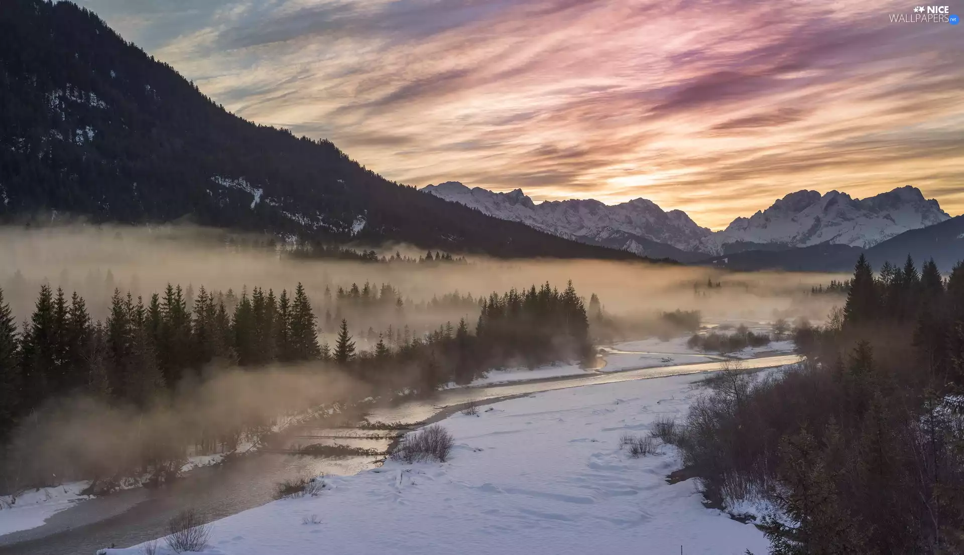 Mountains, winter, viewes, Fog, trees, River