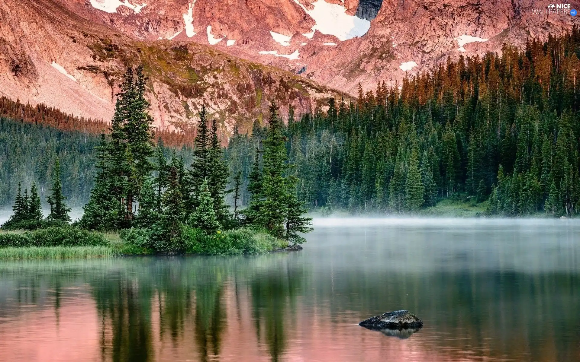 River, woods, Fog, Mountains