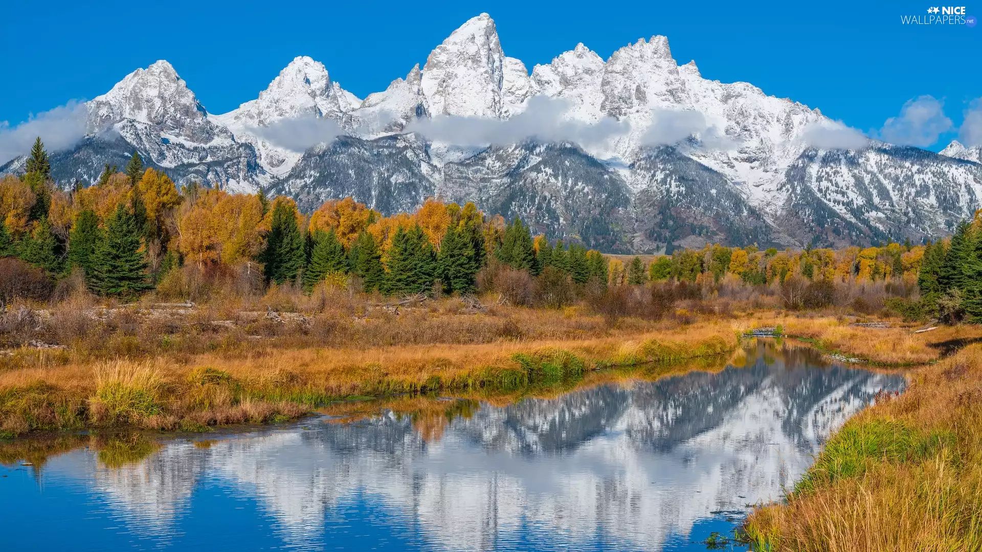 Snowy, autumn, trees, Teton Range Mountains, Fog, The United States, State of Wyoming, River, Grand Teton National Park, reflection, viewes
