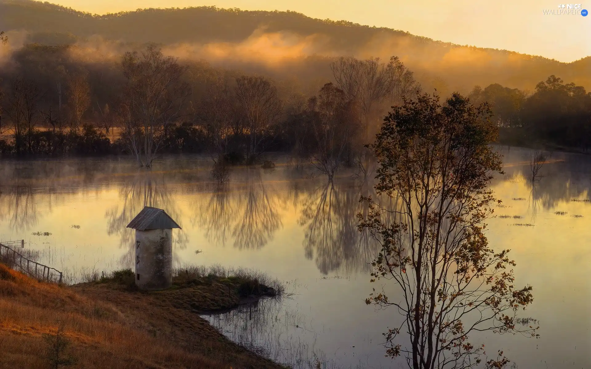 viewes, lake, stone, trees, Mountains, Fog, tower