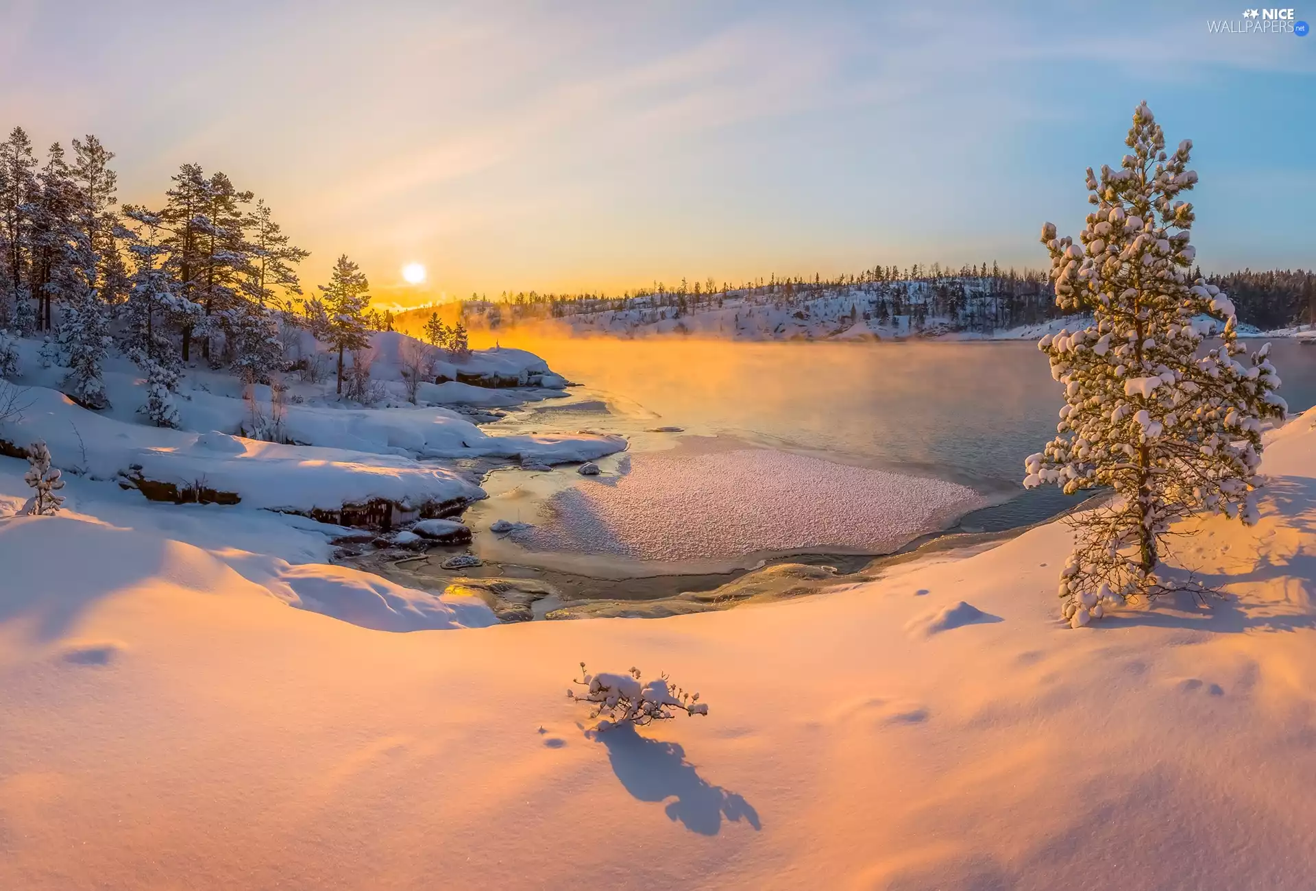 Snowy, lake, viewes, Fog, winter, trees, Sunrise