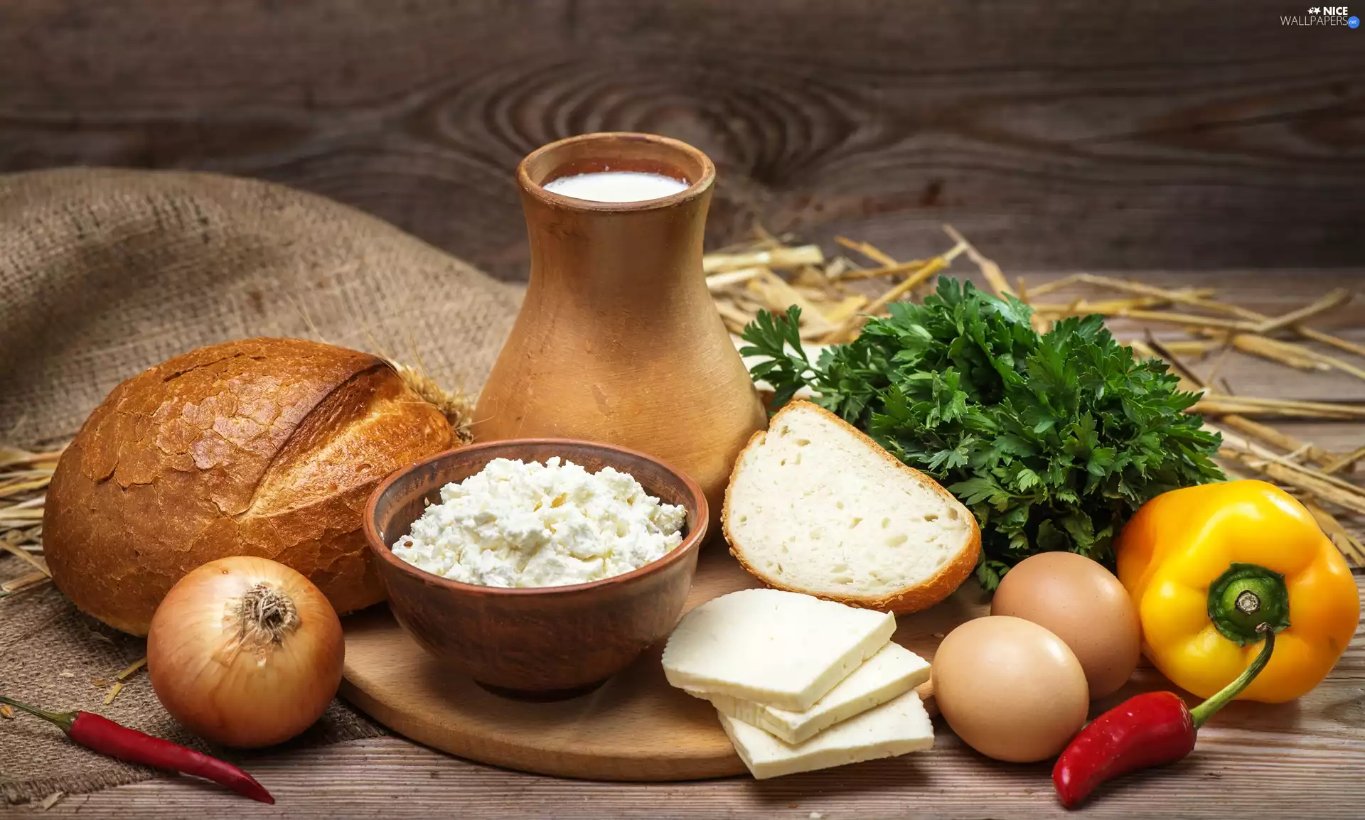 food, composition, bread, milk, eggs, parsley, onion, pepper, cheese