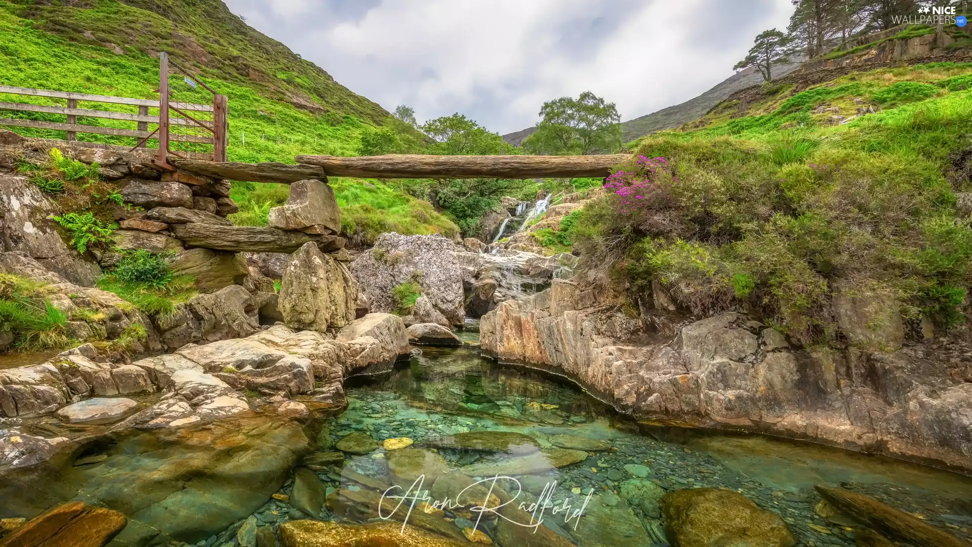 footbridge, River, Stones, rocks, viewes, Plants, The Hills, trees, grass
