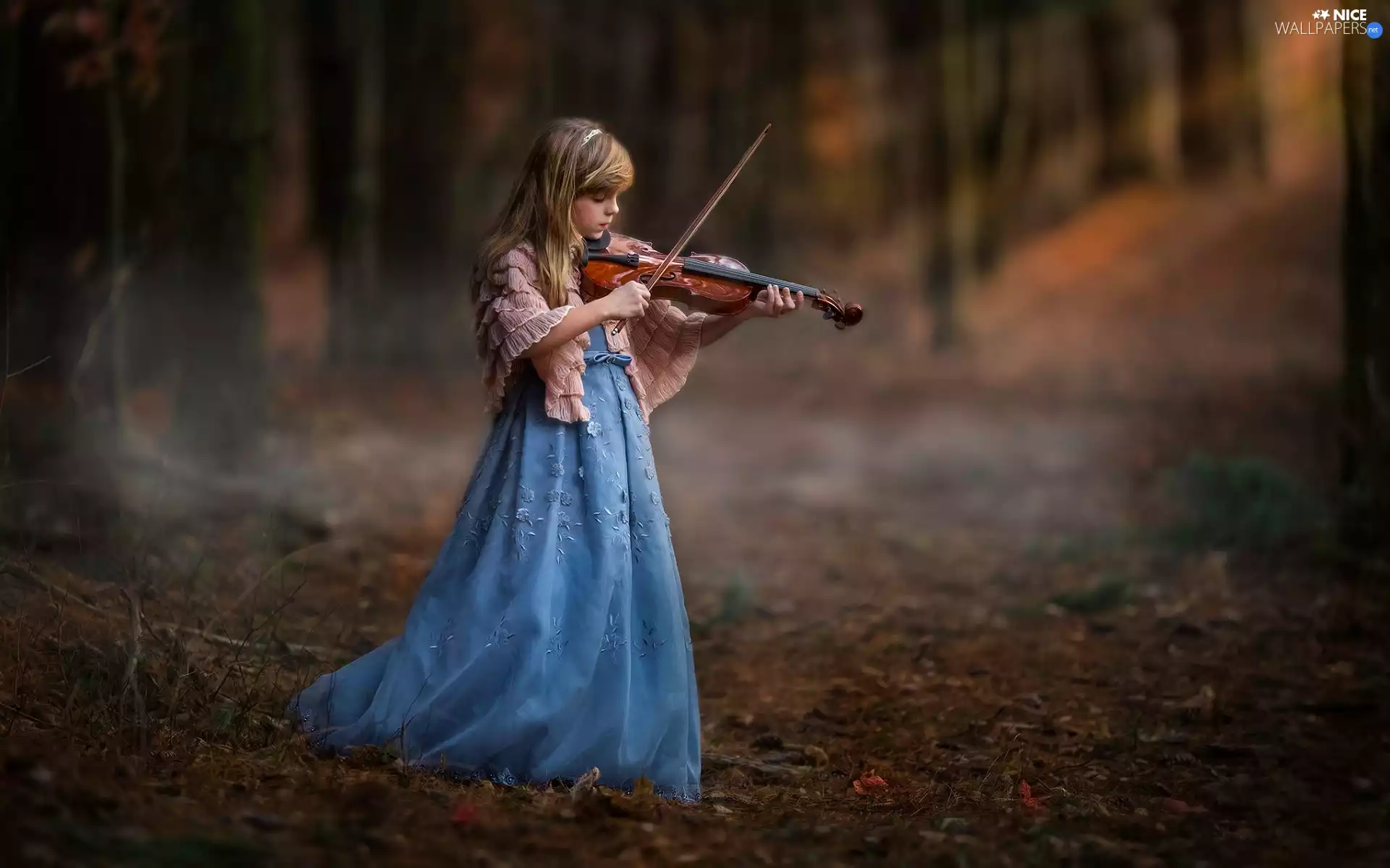 Blue, girl, violin, forest, dress, Blonde