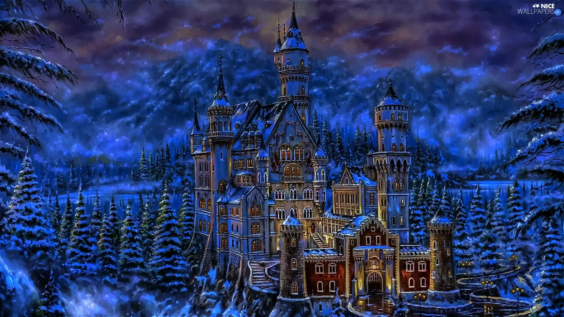 forest, Mountains, Castle