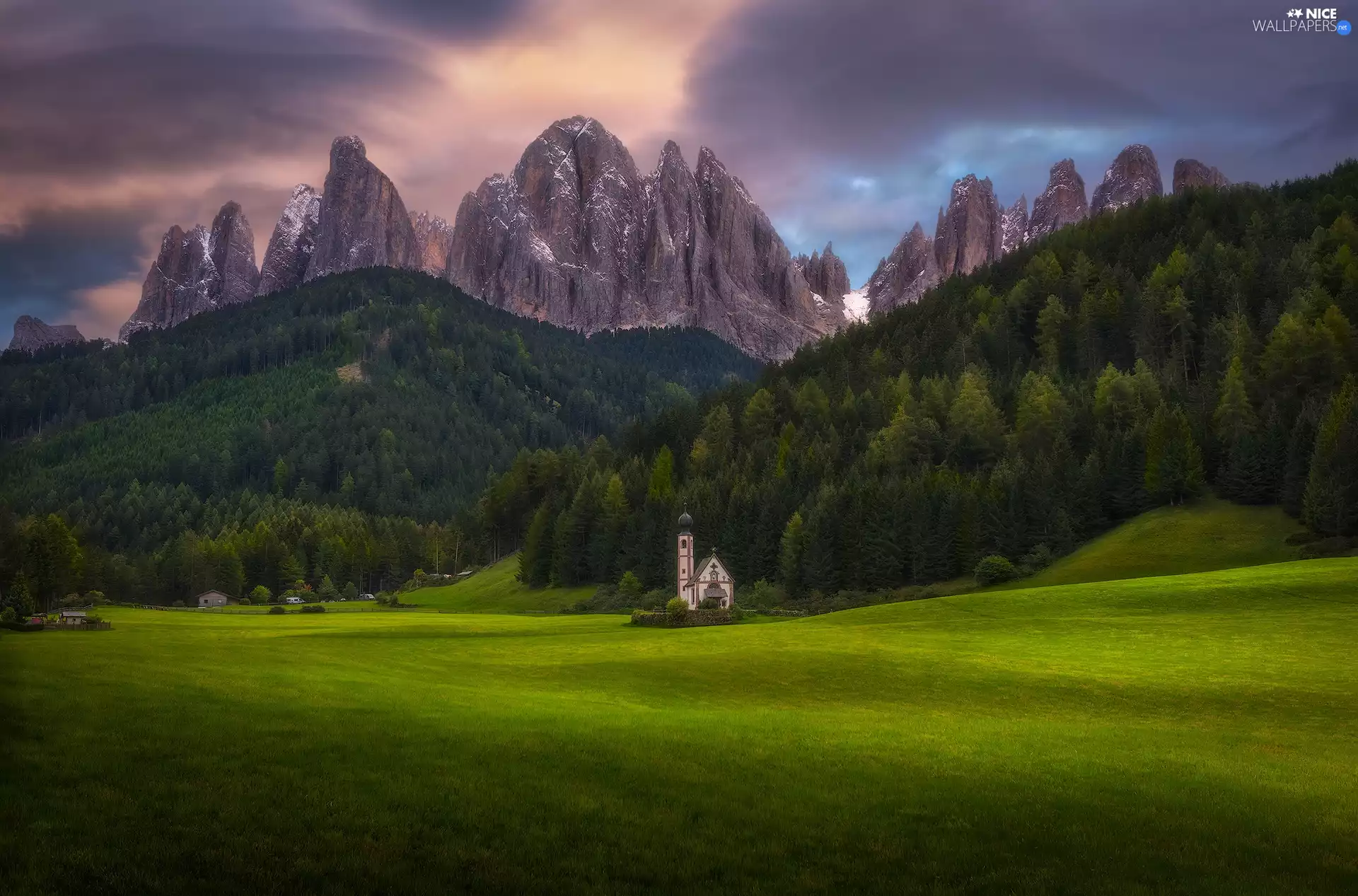 Church of St. John, Dolomites Mountains, clouds, forest, viewes, Val di Funes Valley, Italy, trees